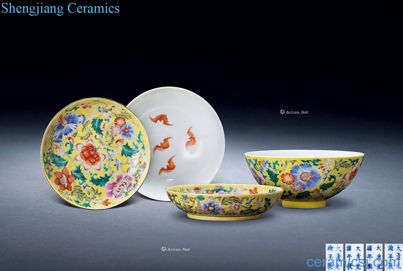 Qing guangxu To color the flowers yellow lines to the small bowl, yellow colored flower tray (a)