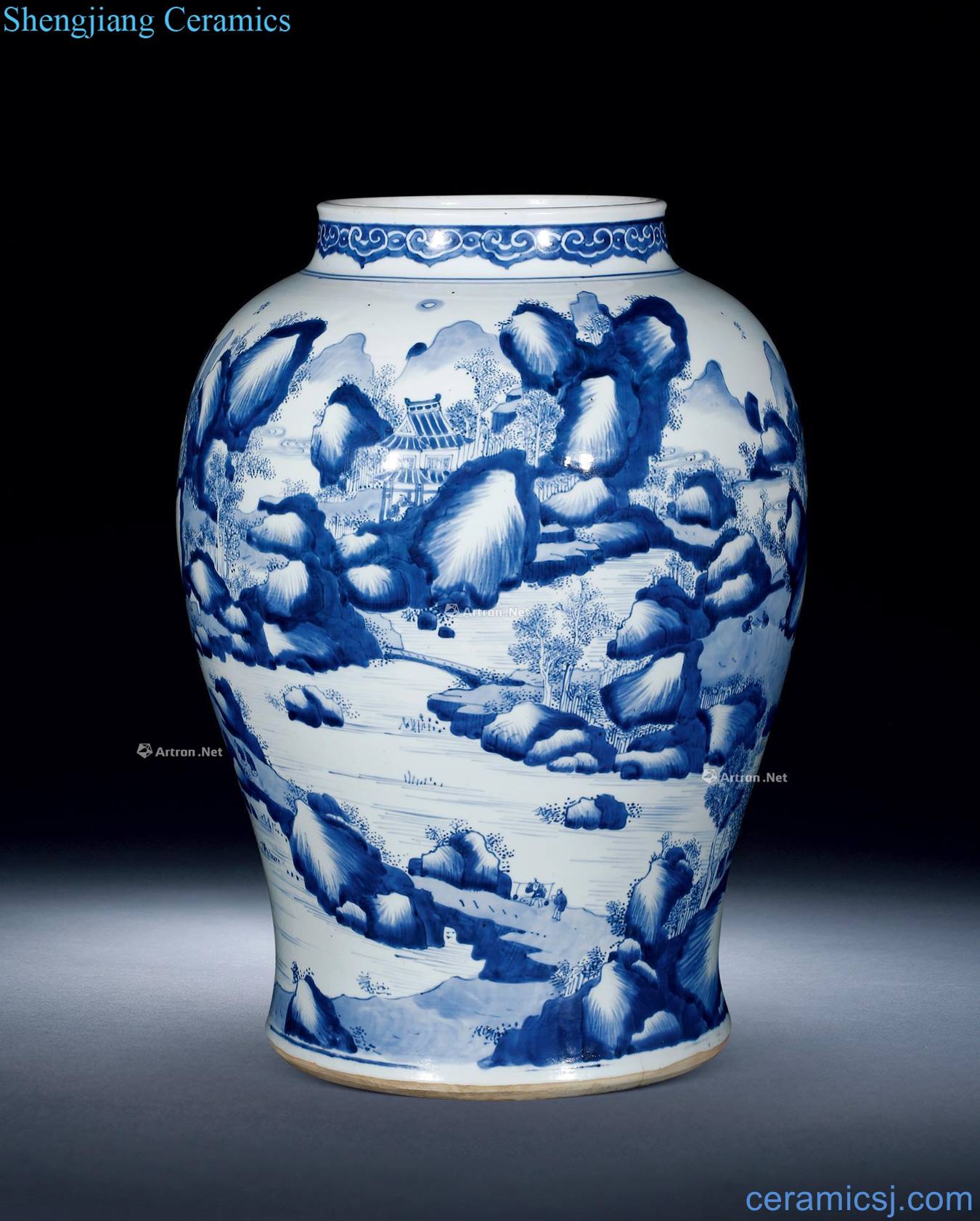 The qing emperor kangxi Blue and white landscape poetry general grain tank