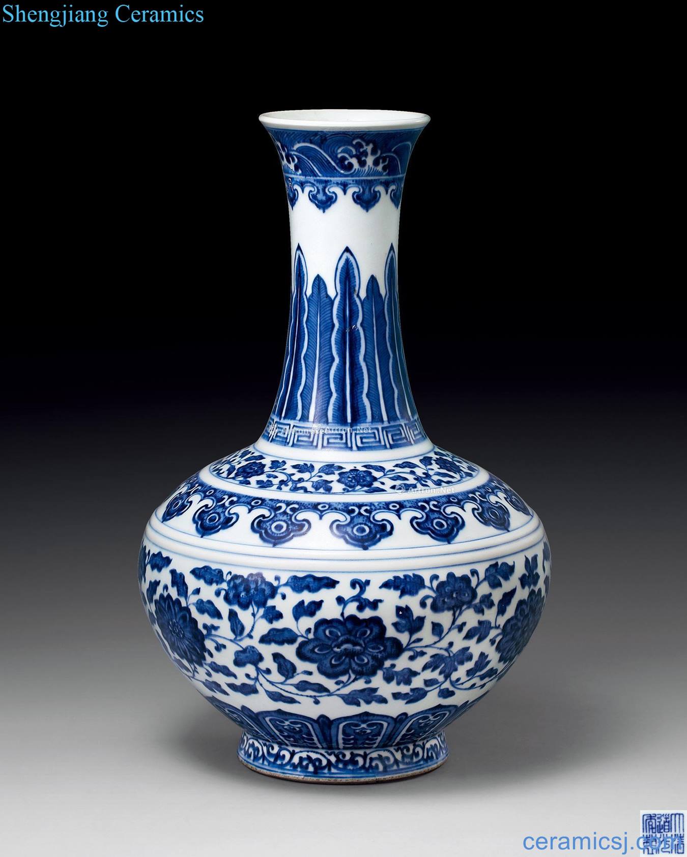 Qing daoguang Blue and white lotus flower grain CV 18 spring bottle