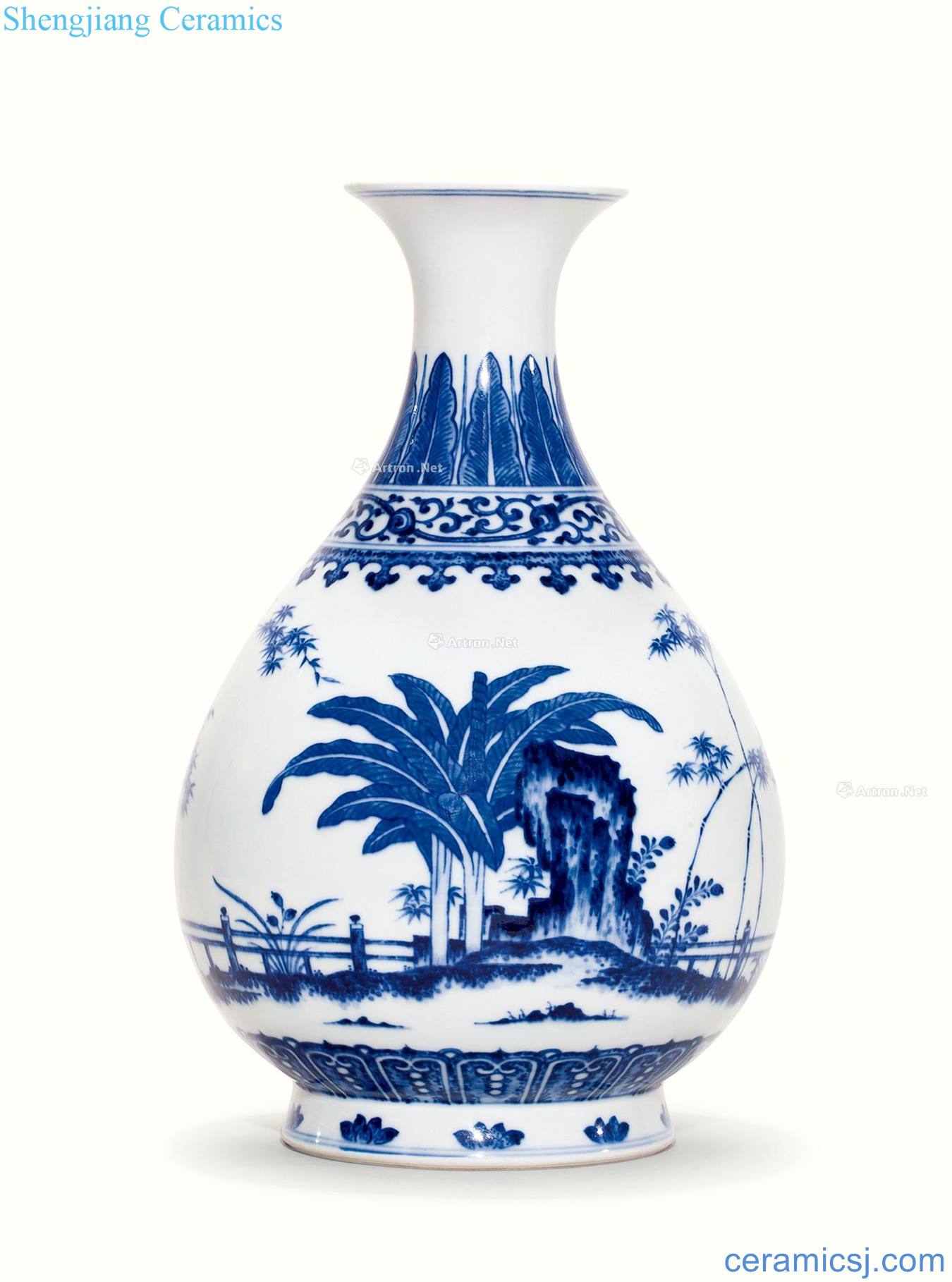 Qing qianlong kiln Blue and white bamboo stone plantain fangming type grain okho spring bottle