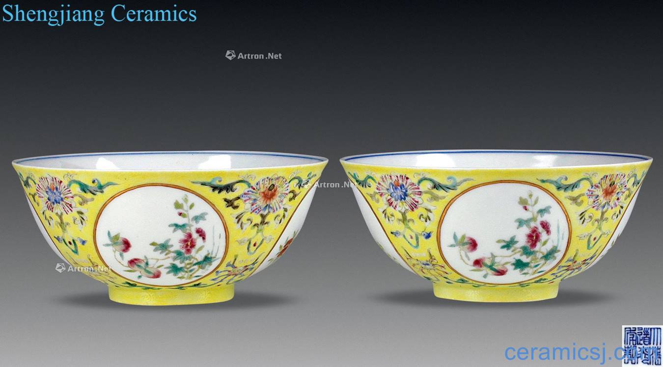Yellow land within the famille rose porcelain medallion bowl of flowers