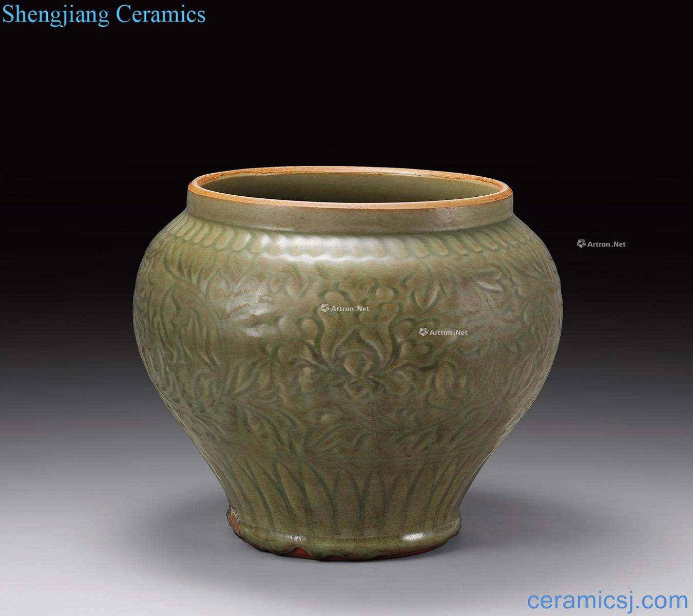 yuan Longquan celadon dark carved flower pot
