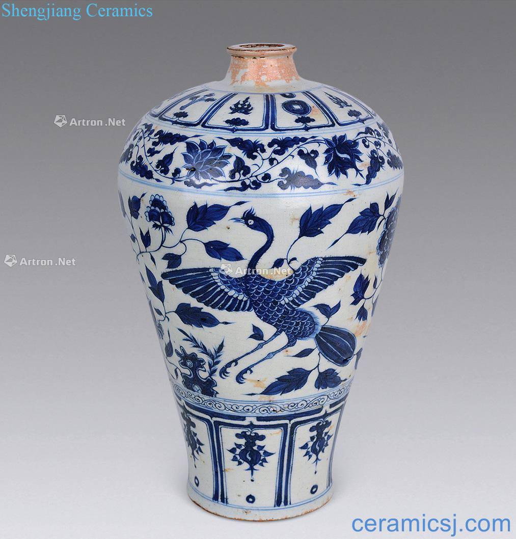 The yuan dynasty Blue and white flowers cranes grain mei bottle