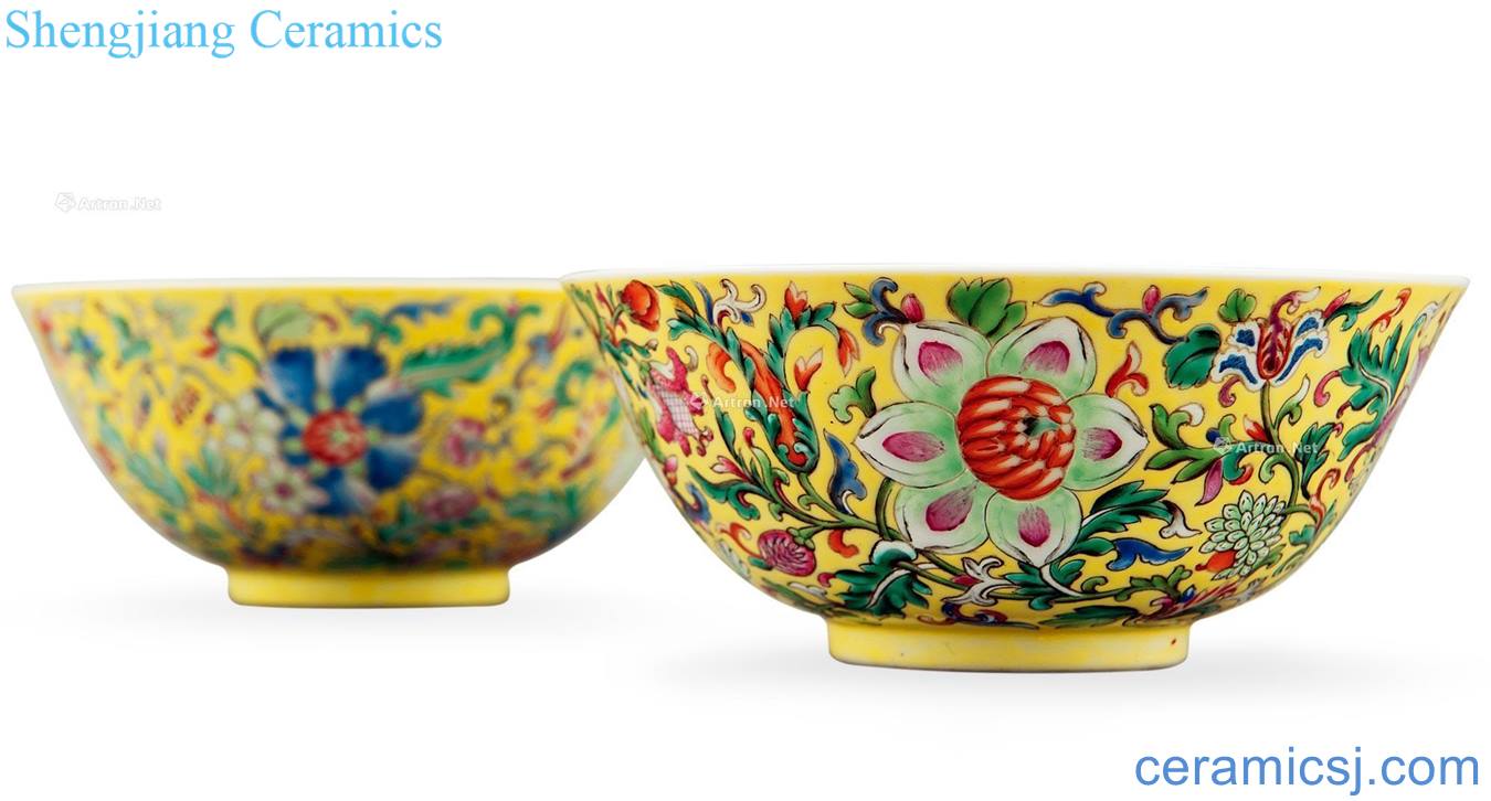 Qing daoguang To the yellow flower colors branches green-splashed bowls (2)