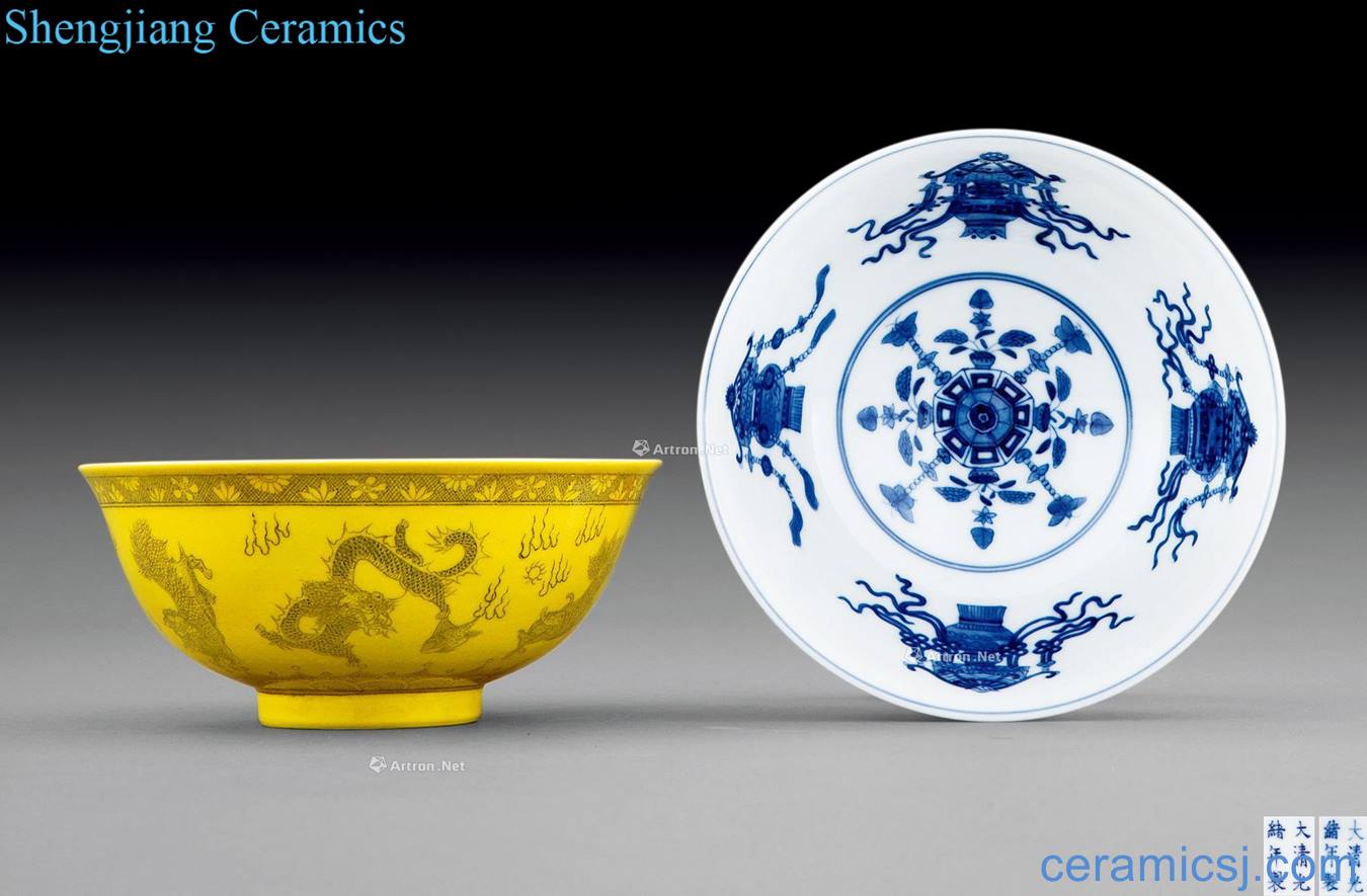 Qing guangxu Yellow in color ink water benevolent green-splashed bowls (2)
