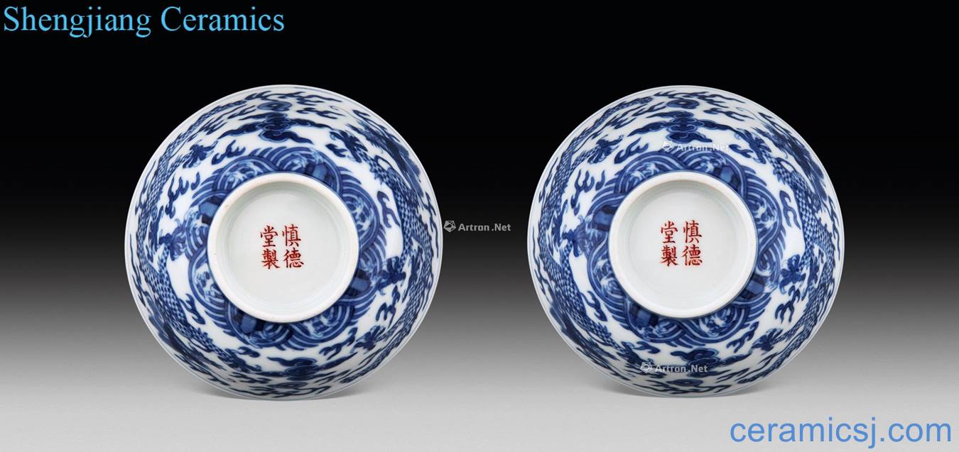 Qing daoguang ShenDeTang designs of blue and white dragon cast bead green-splashed bowls (2)