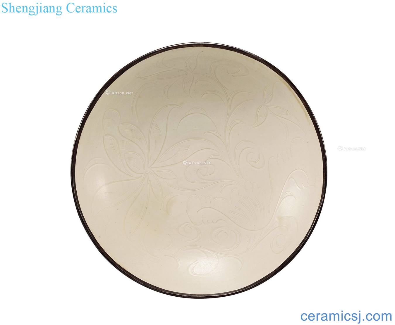yuan Kiln carved flowers shallow bowl