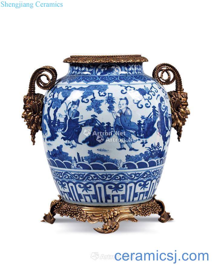 Ming jiajing Blue and white characters people fairy big pot