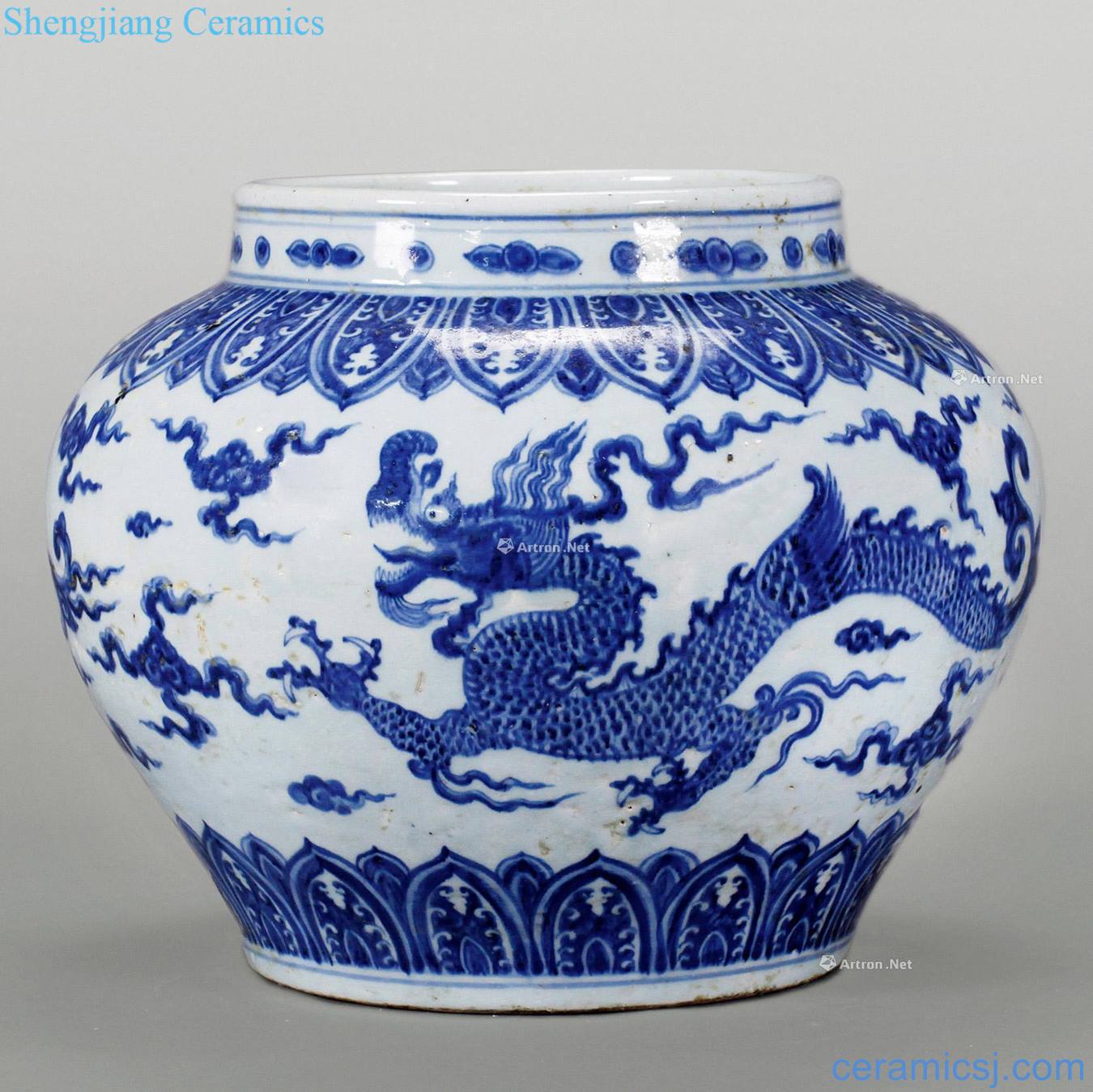 Early Ming dynasty Blue and white dragon tank