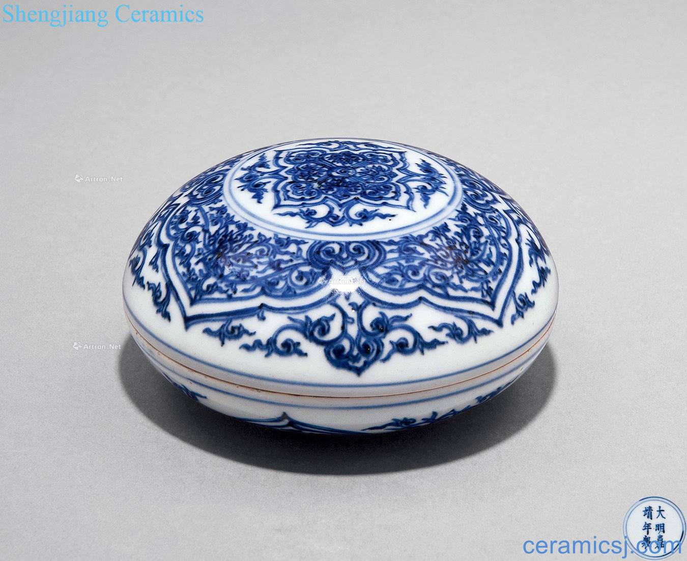 Ming chongzhen Blue and white geometric lines cover box flowers