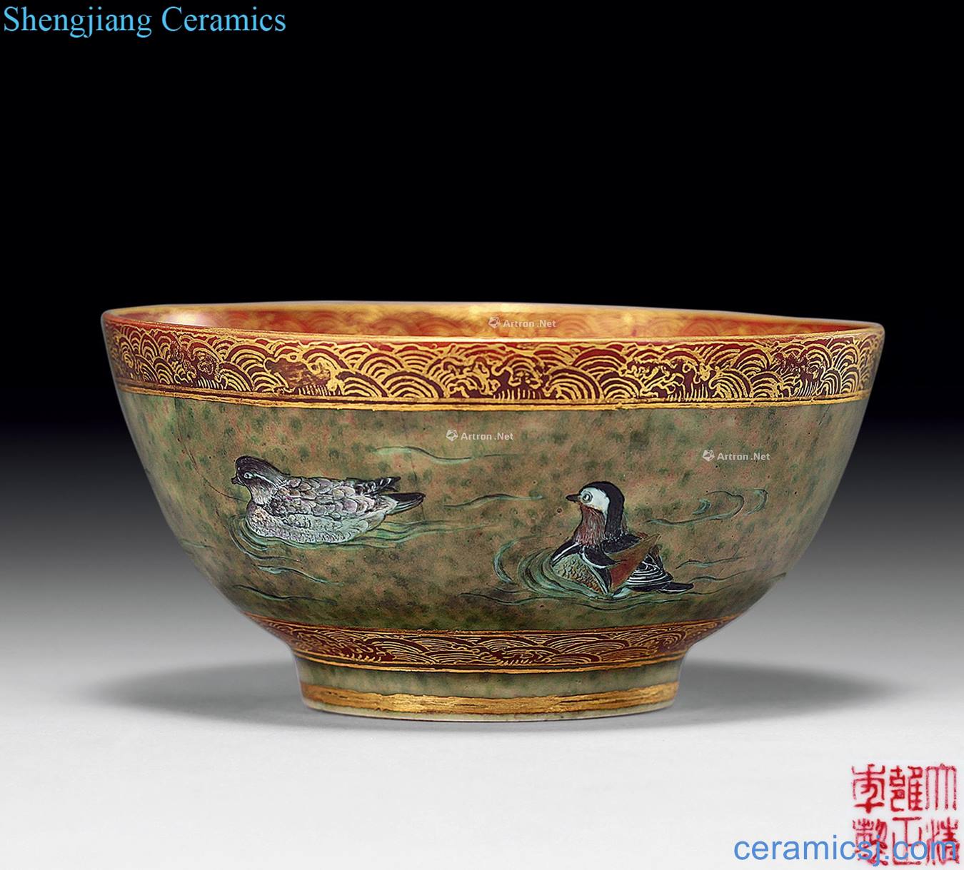 Qing yongzheng cowpea red enamel paint mandarin duck play water bowls