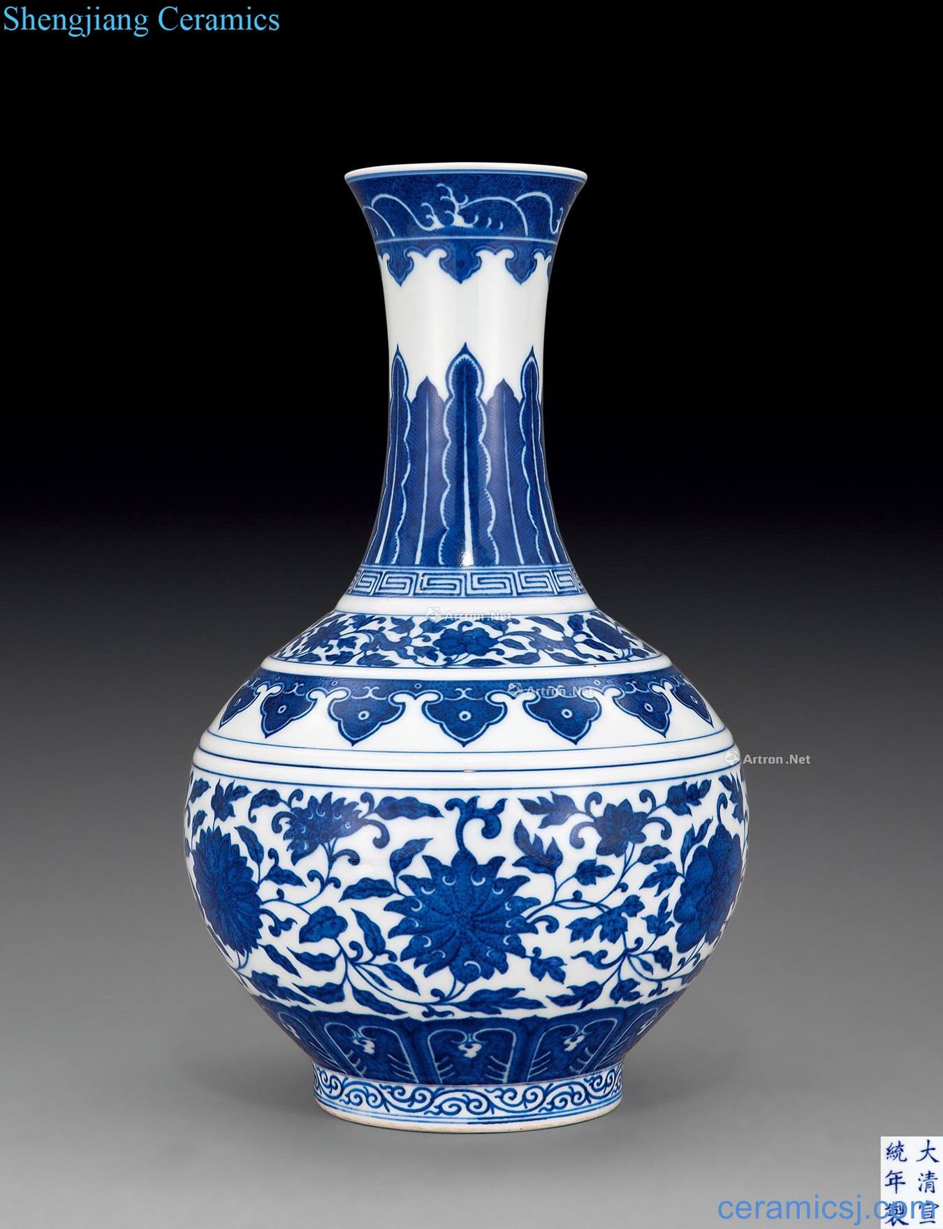Qing xuantong Blue and white lotus flower grain CV 18 spring bottle