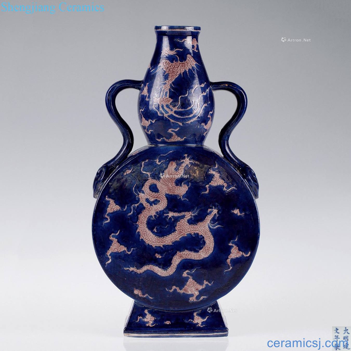 Ming Blue glaze hand-cut longfeng on bottles