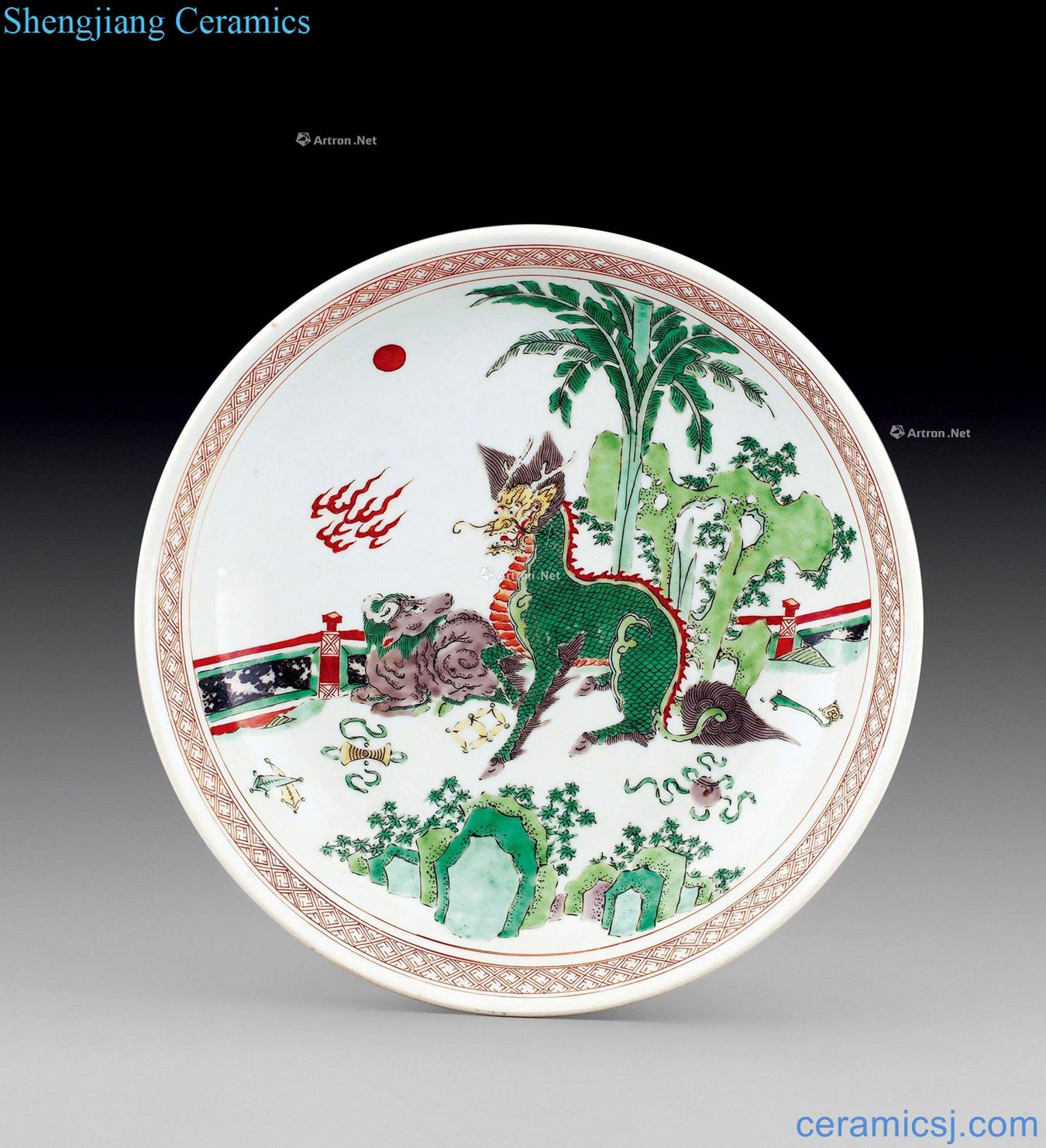 Qing shunzhi Colorful hole stone plantain kirin tray