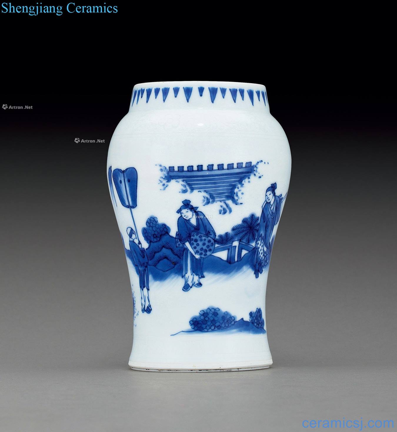 Ming chongzhen Blue and white figure lotus seed tank up promotion