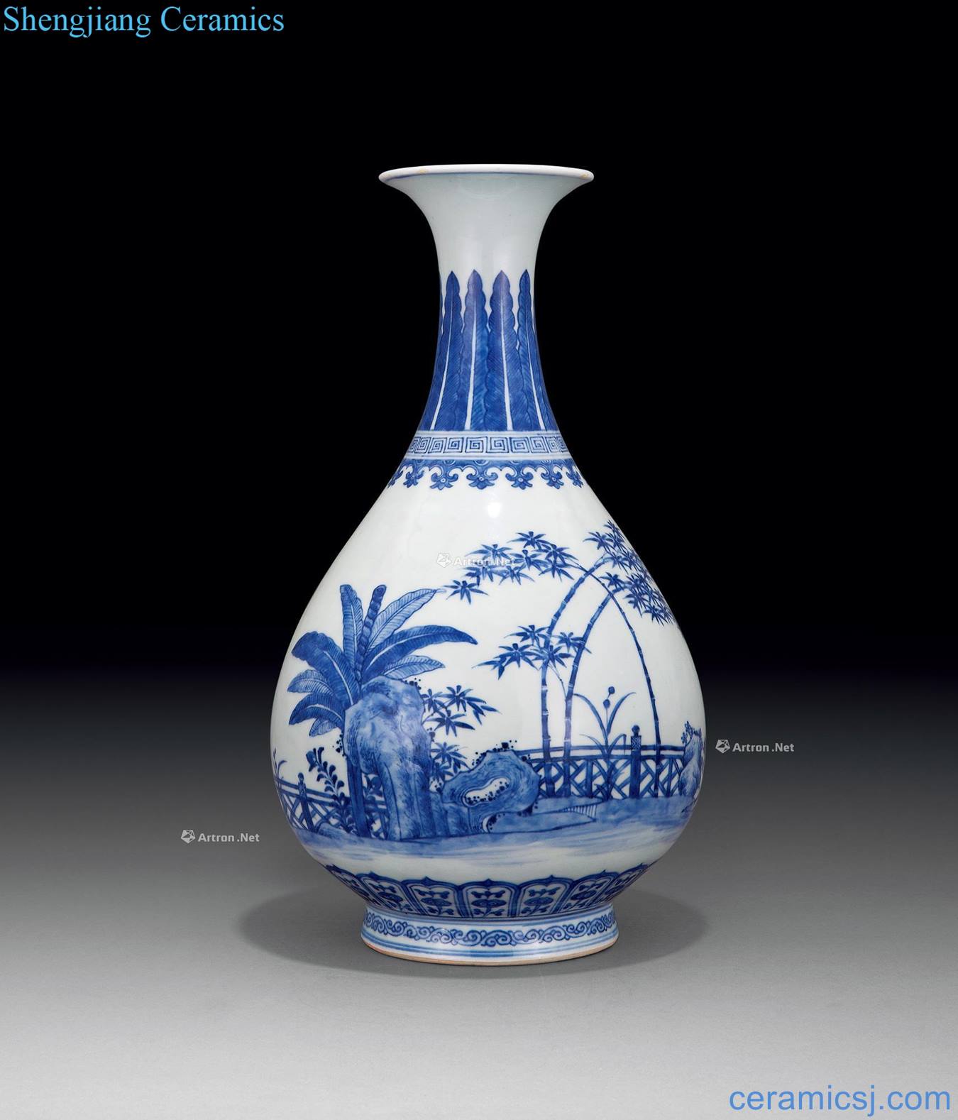 Qing yongzheng Blue and white bamboo stone plantain grain okho spring bottle