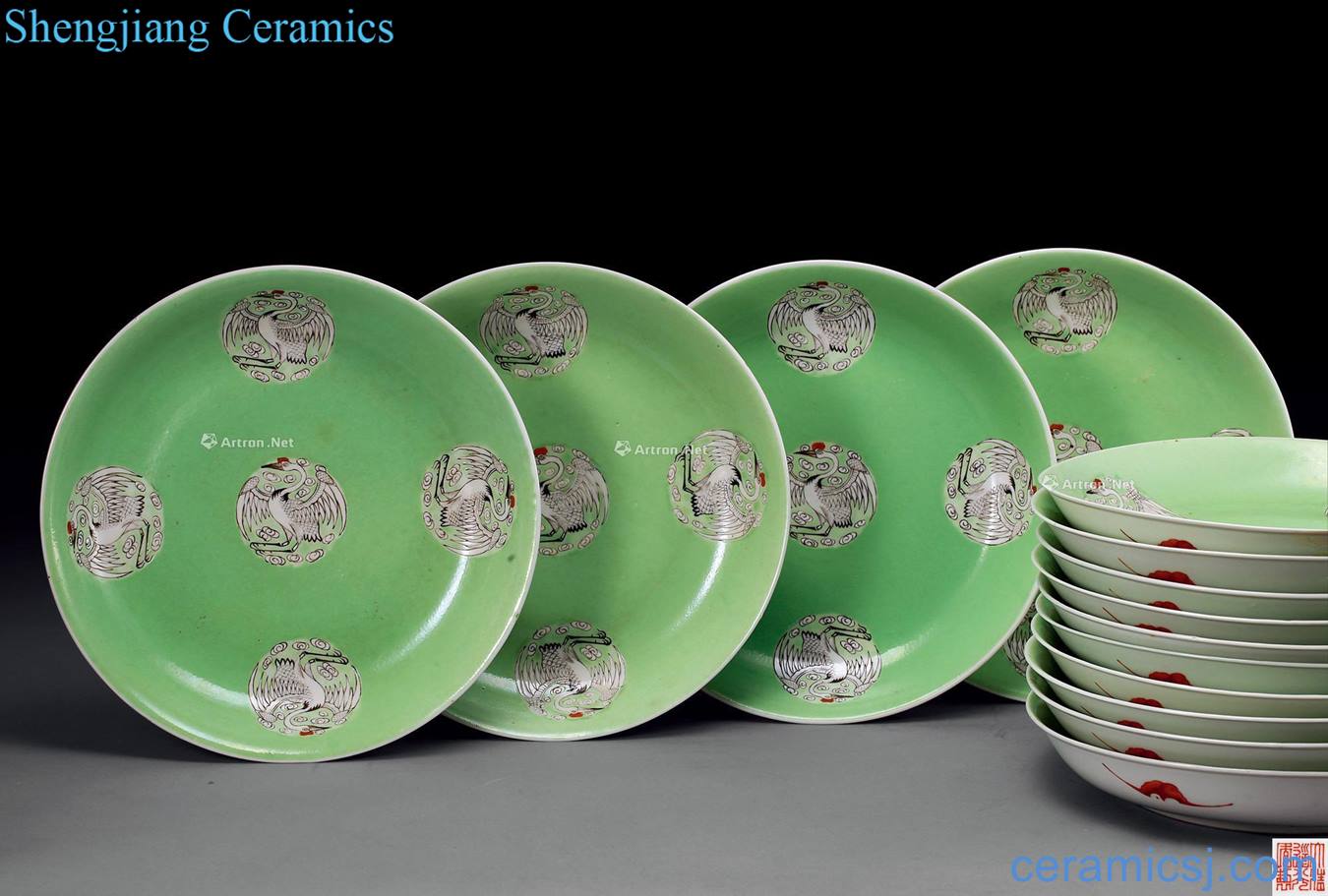 Clear light green ink CaiTuan crane plate (14)