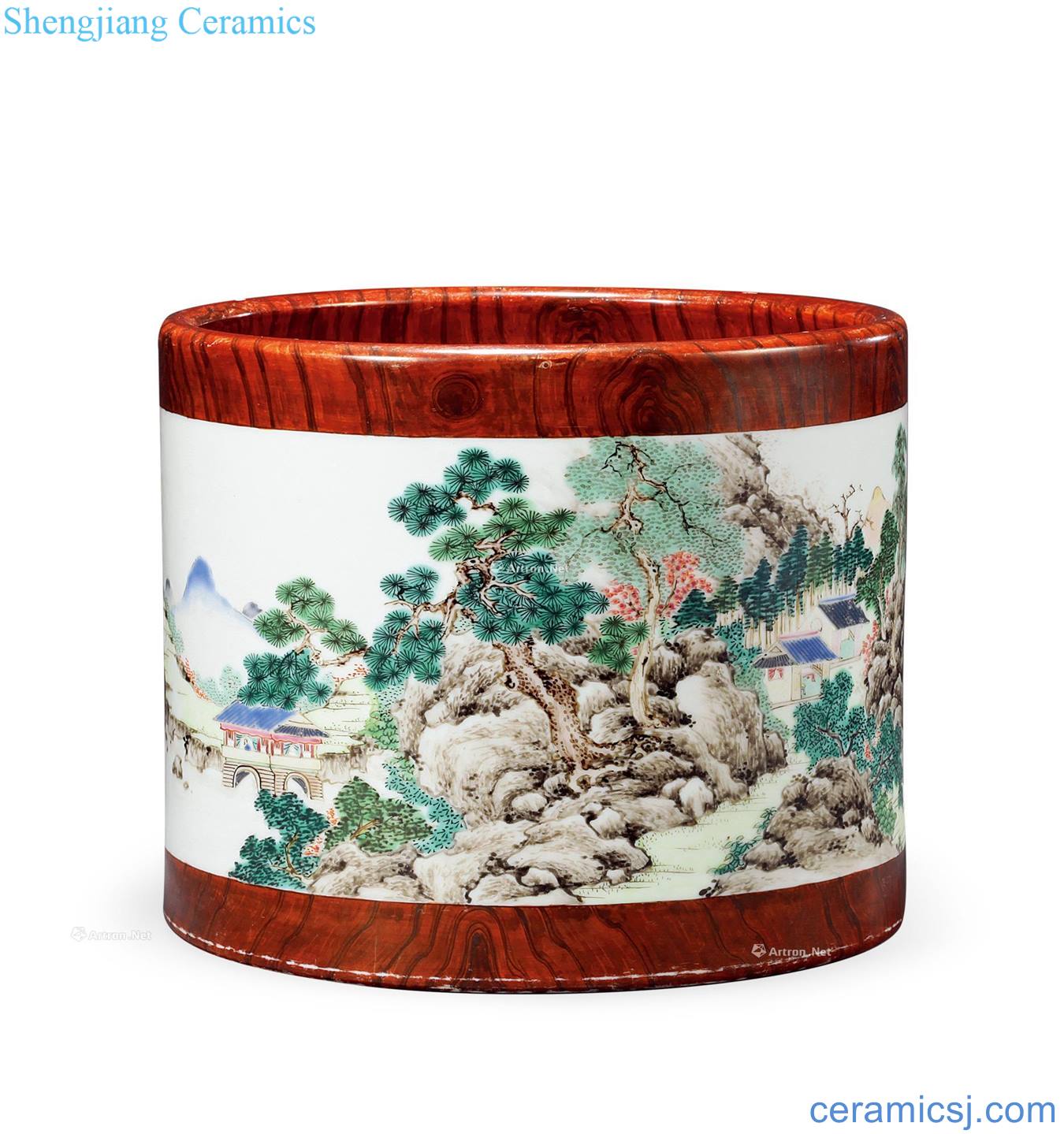 Qing yongzheng Colorful landscape character brush pot