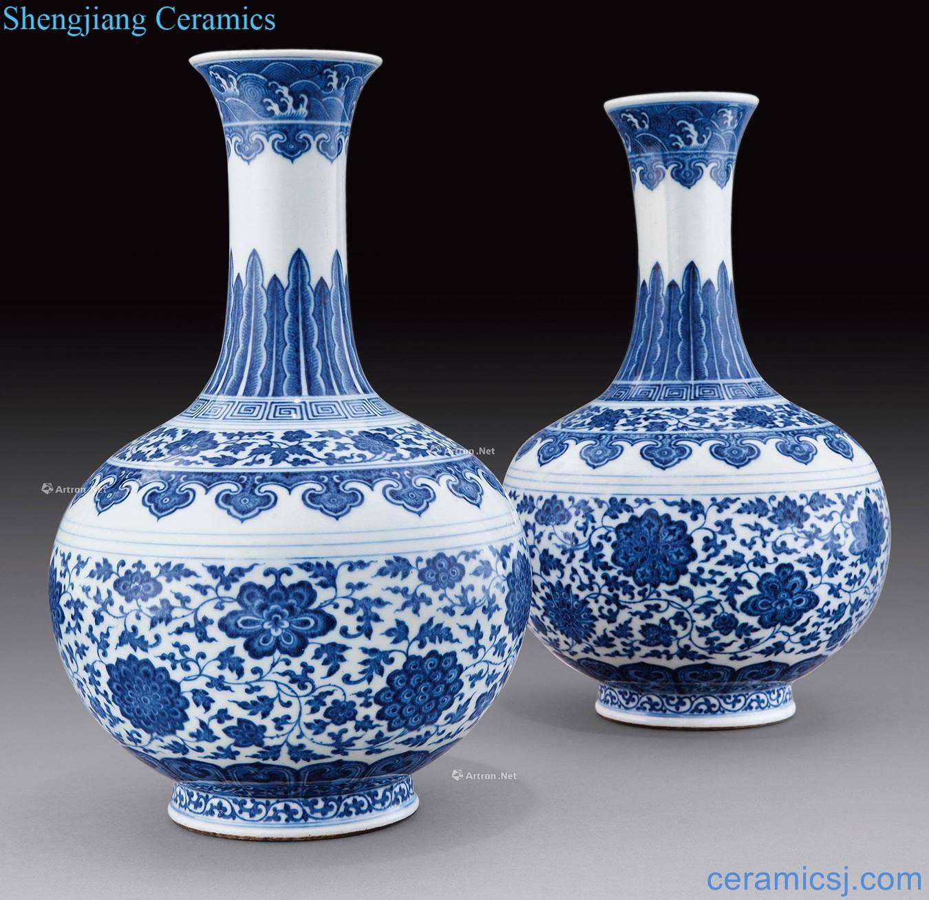 Qing qianlong Blue and white lotus flower grain CV 18 spring bottle
