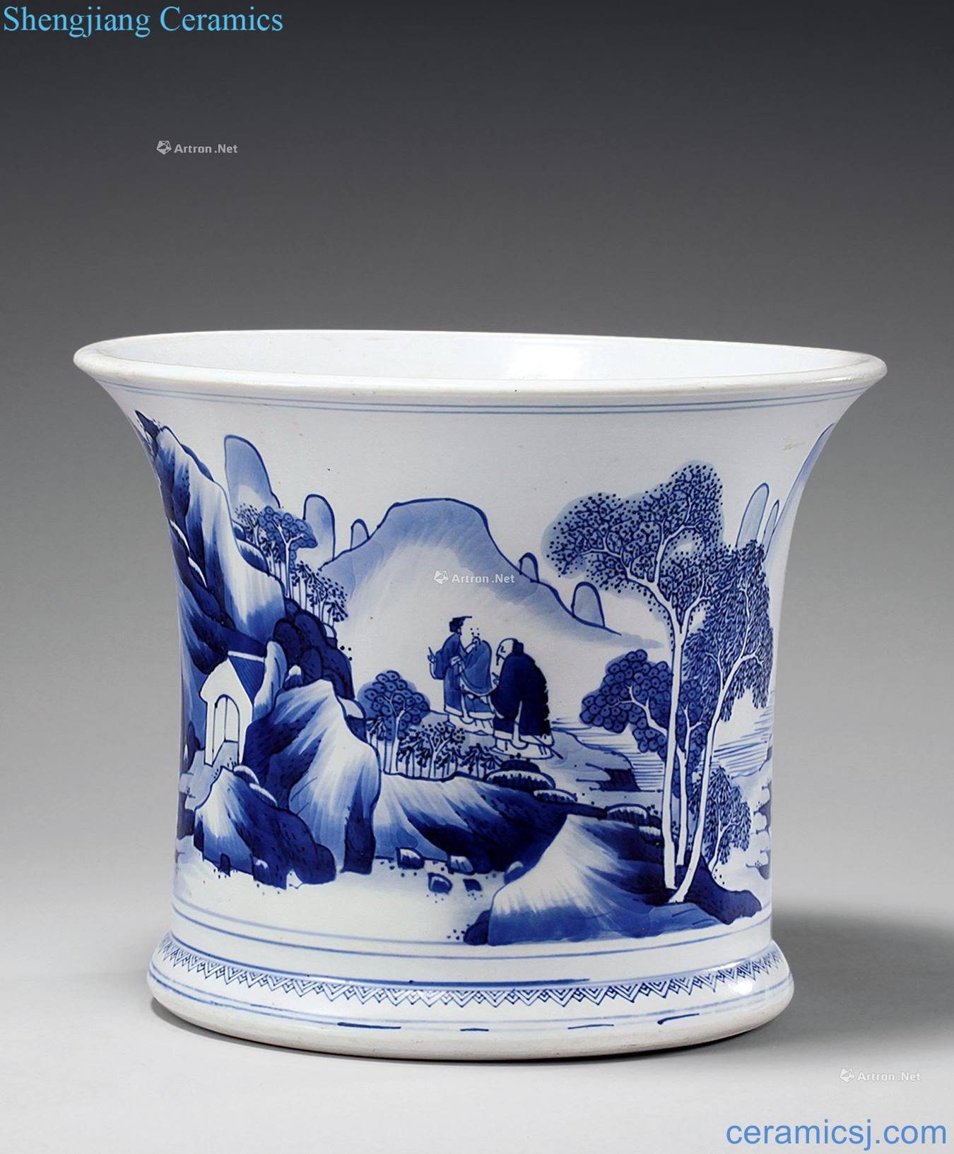 The qing emperor kangxi Blue and white landscape character brush pot