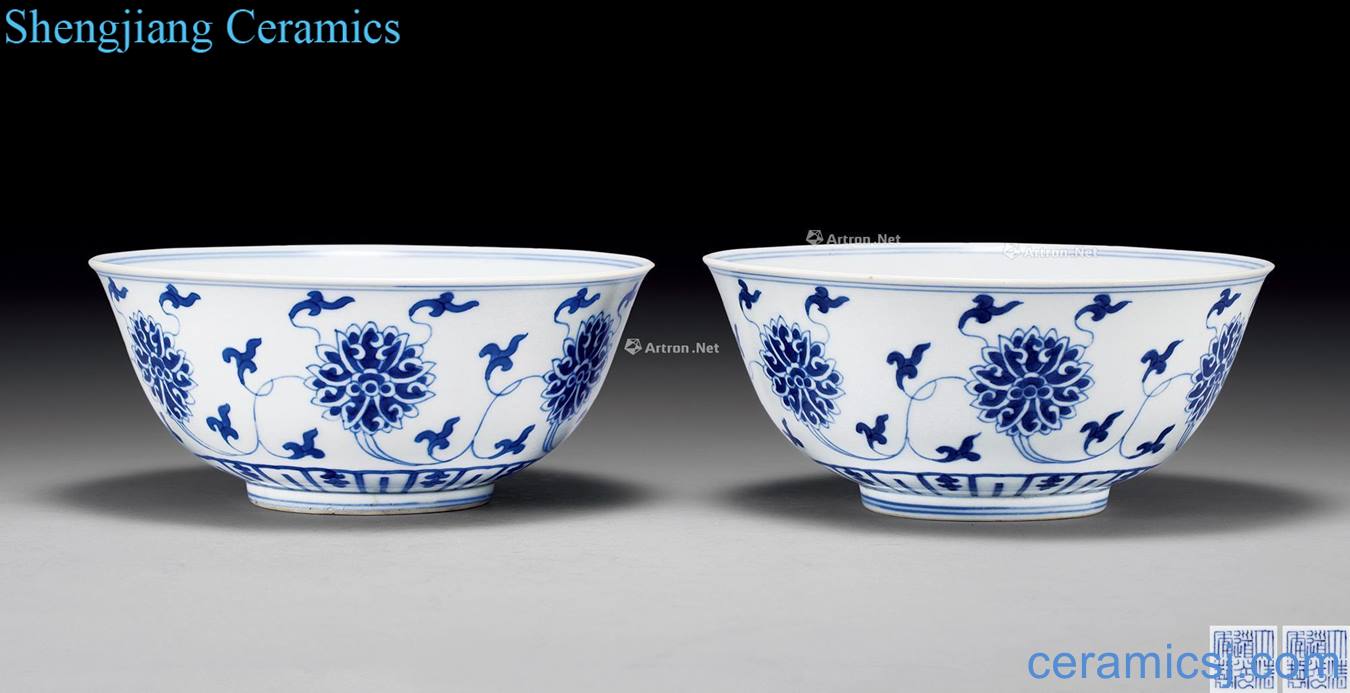 Qing daoguang Blue and white tie up branch lotus green-splashed bowls (2)