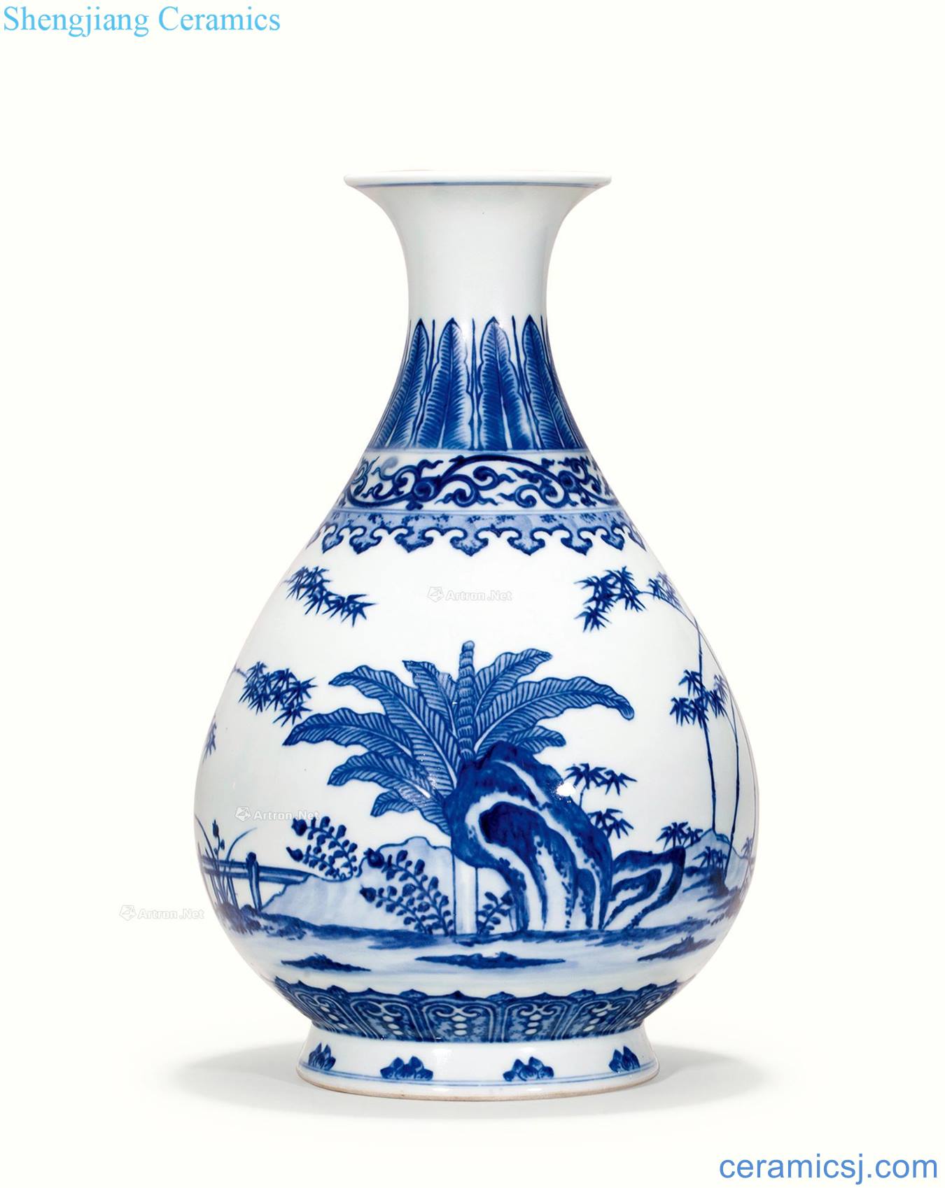 Qing daoguang kiln Blue and white bamboo stone plantain fangming type grain okho spring bottle