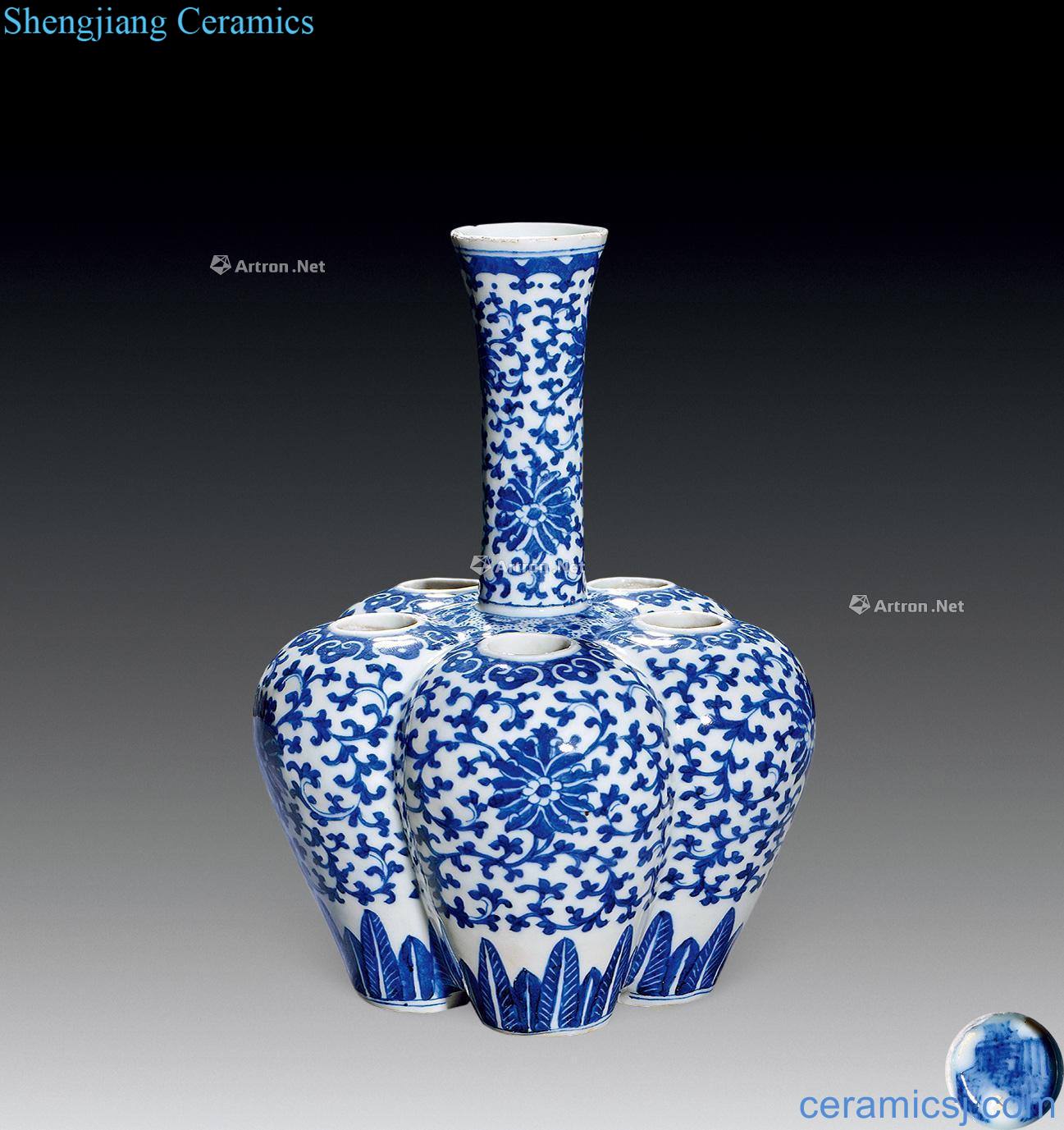 qing Blue and white lotus flower grain five hole bottle