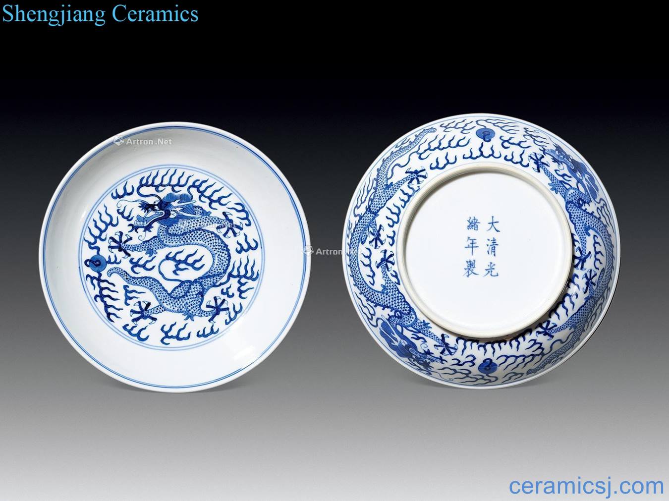 Qing guangxu Blue and white dragon disc
