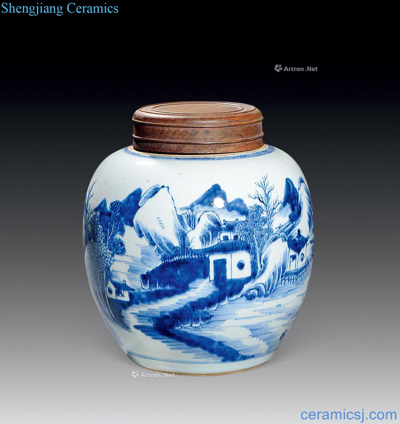 qing Blue and white landscape pattern cans
