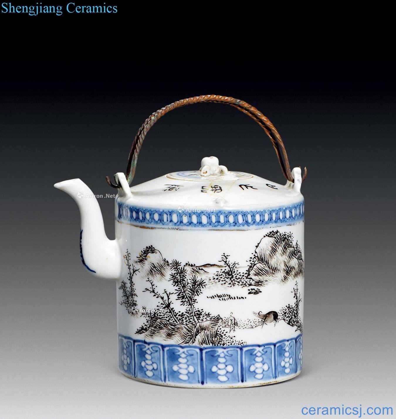 Qing dynasty blue and white color ink landscape pattern teapot