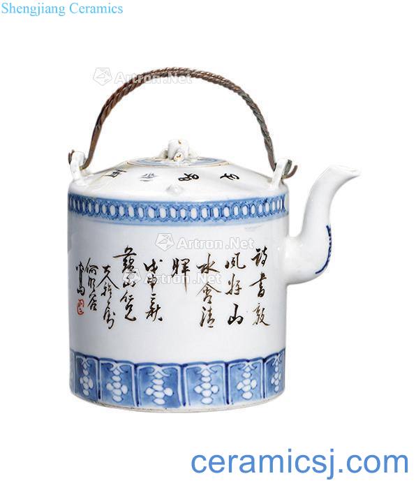 Qing dynasty blue and white color ink landscape pattern teapot