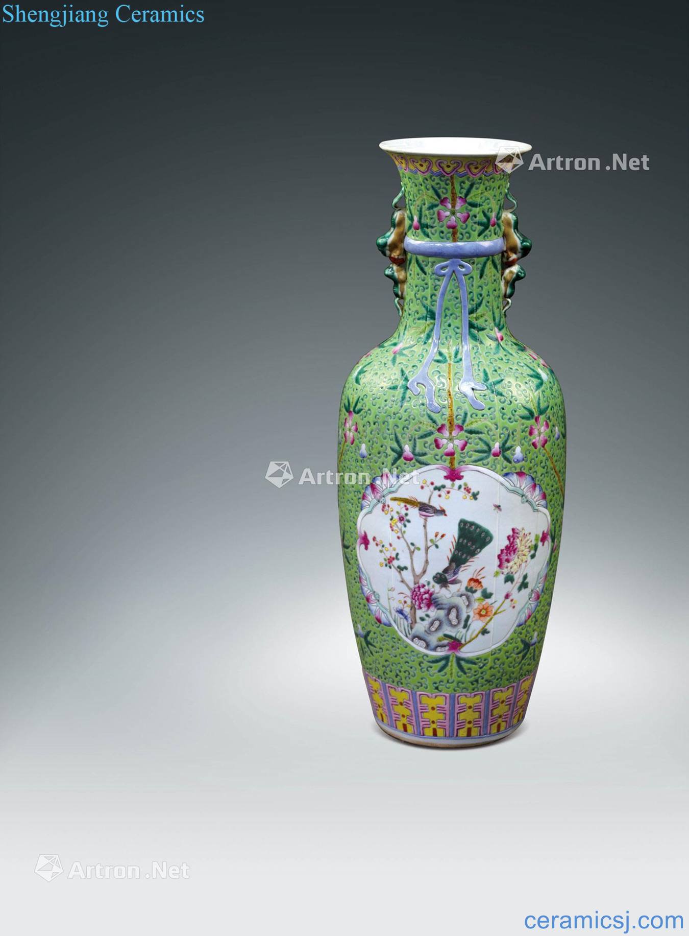 The late qing dynasty Green pastel medallion of flowers and birds characters grain bag big bottle mouth