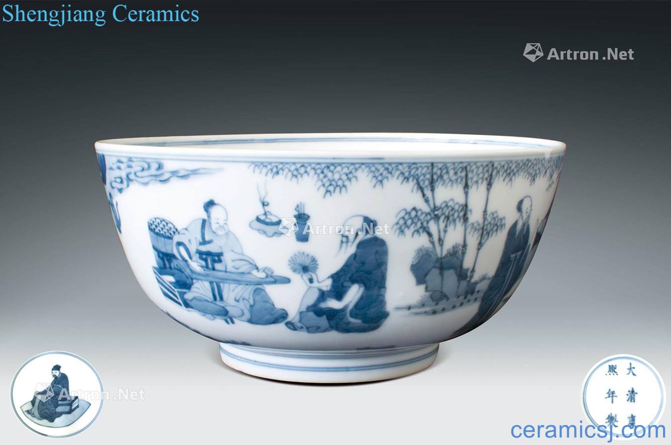 The qing emperor kangxi Blue and white bamboo seven sages figure large bowl