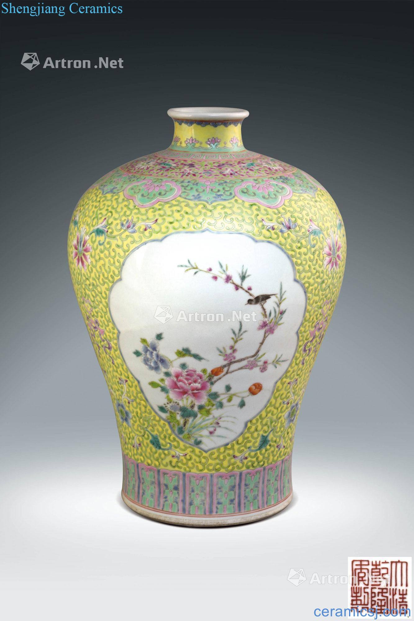 To pastel yellow flower medallion around branches of flowers and birds grain mei bottle