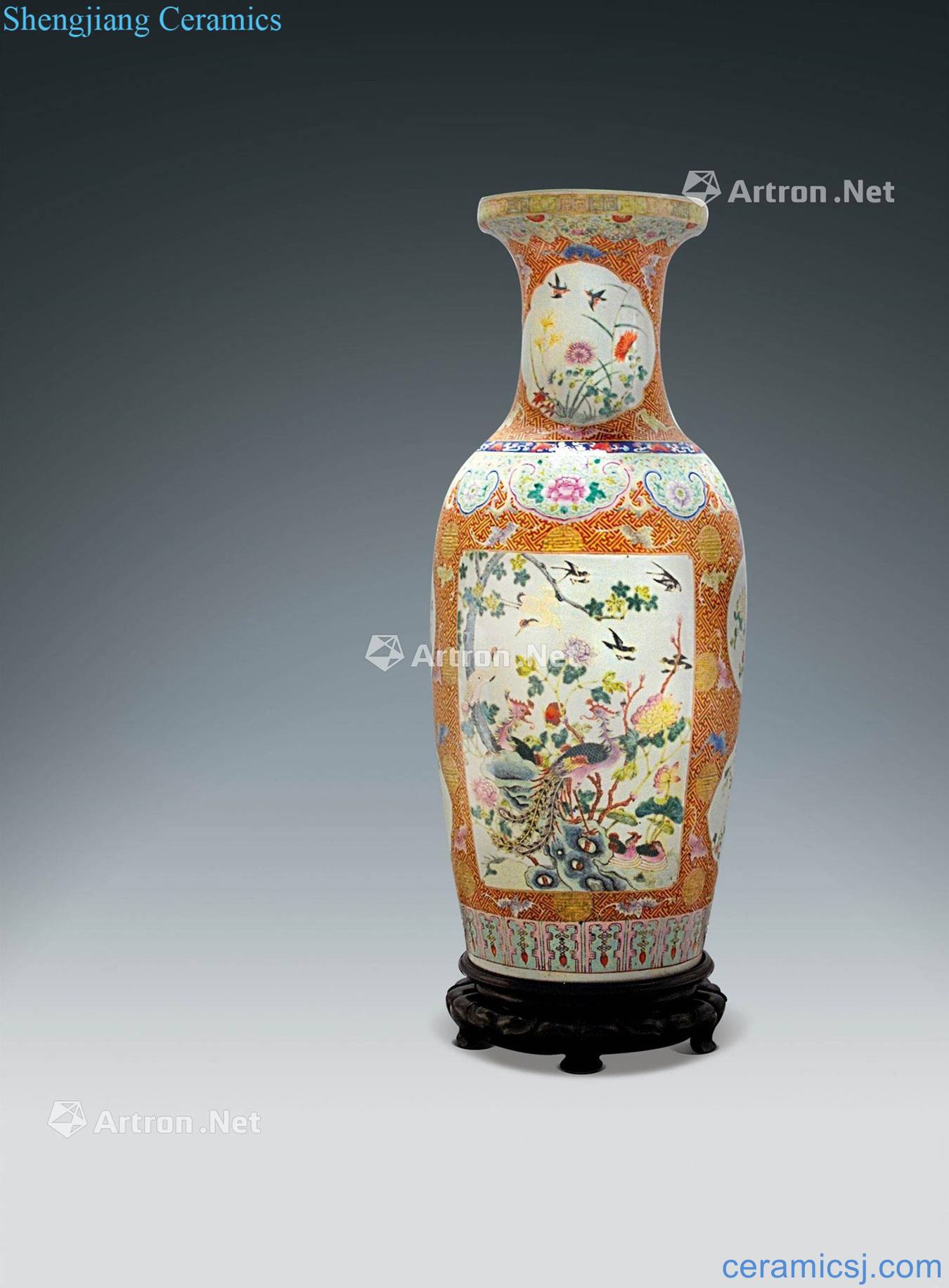 Pastel shou wen qing medallion birds pay homage to the king big bottle (with base)