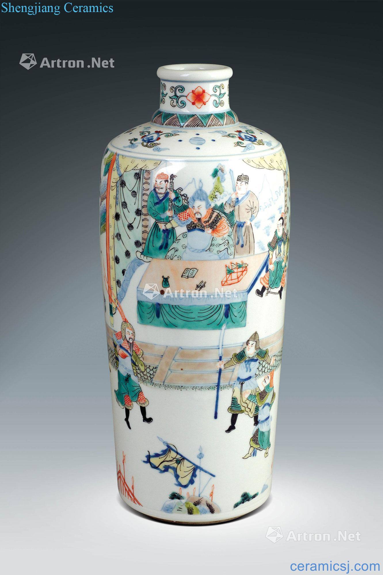Qing dynasty blue and white color war grain bottle