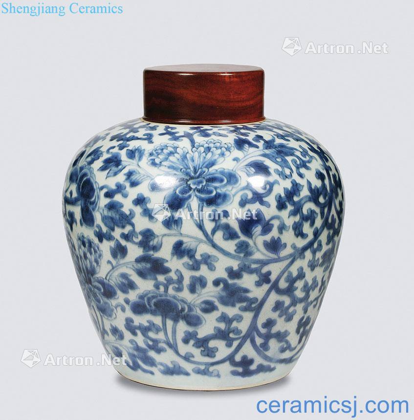 Qing shunzhi Blue and white lotus flower grain caddy