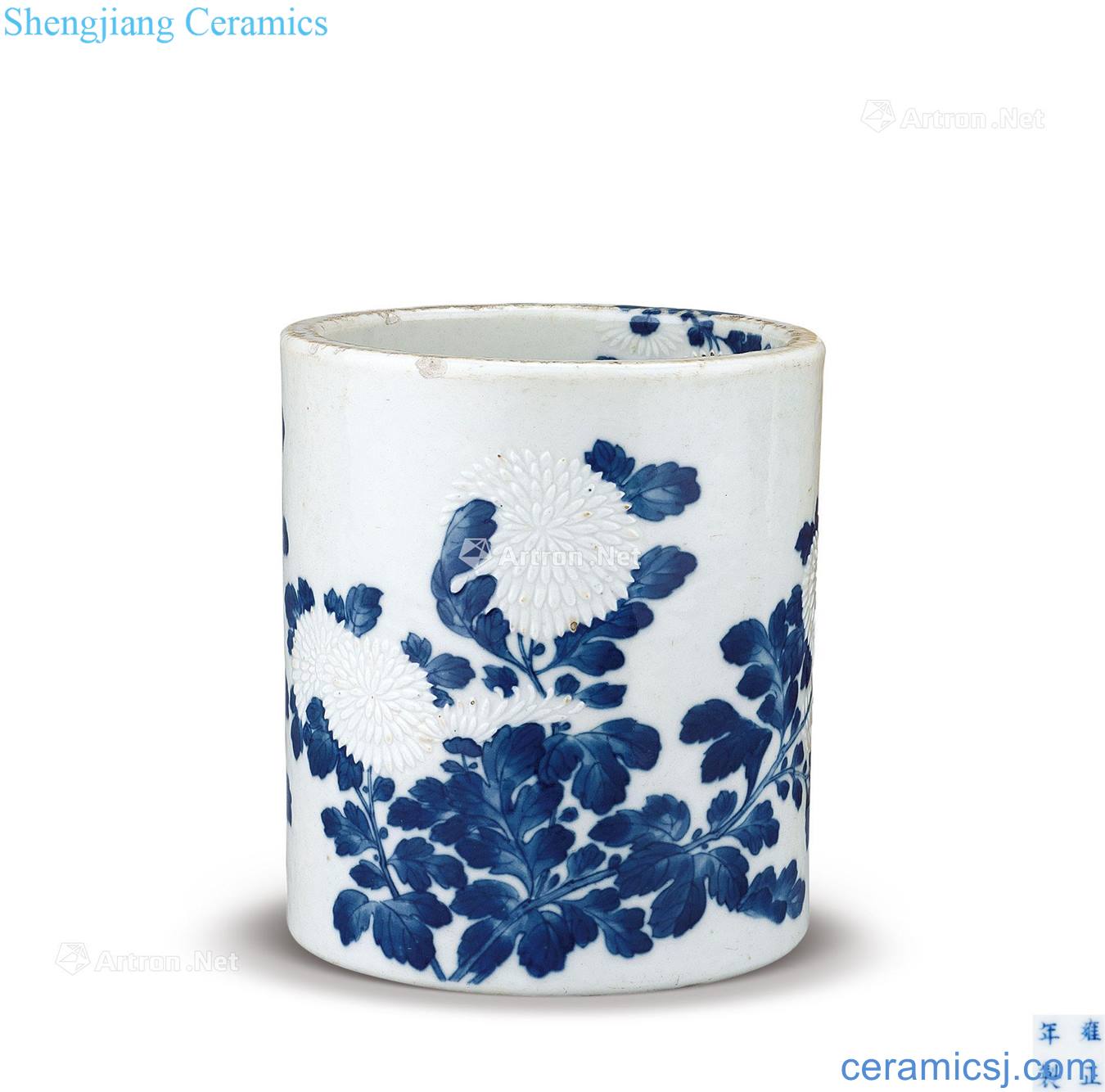 Qing yongzheng blue-and-white bunch of white chrysanthemums tattoo pen container