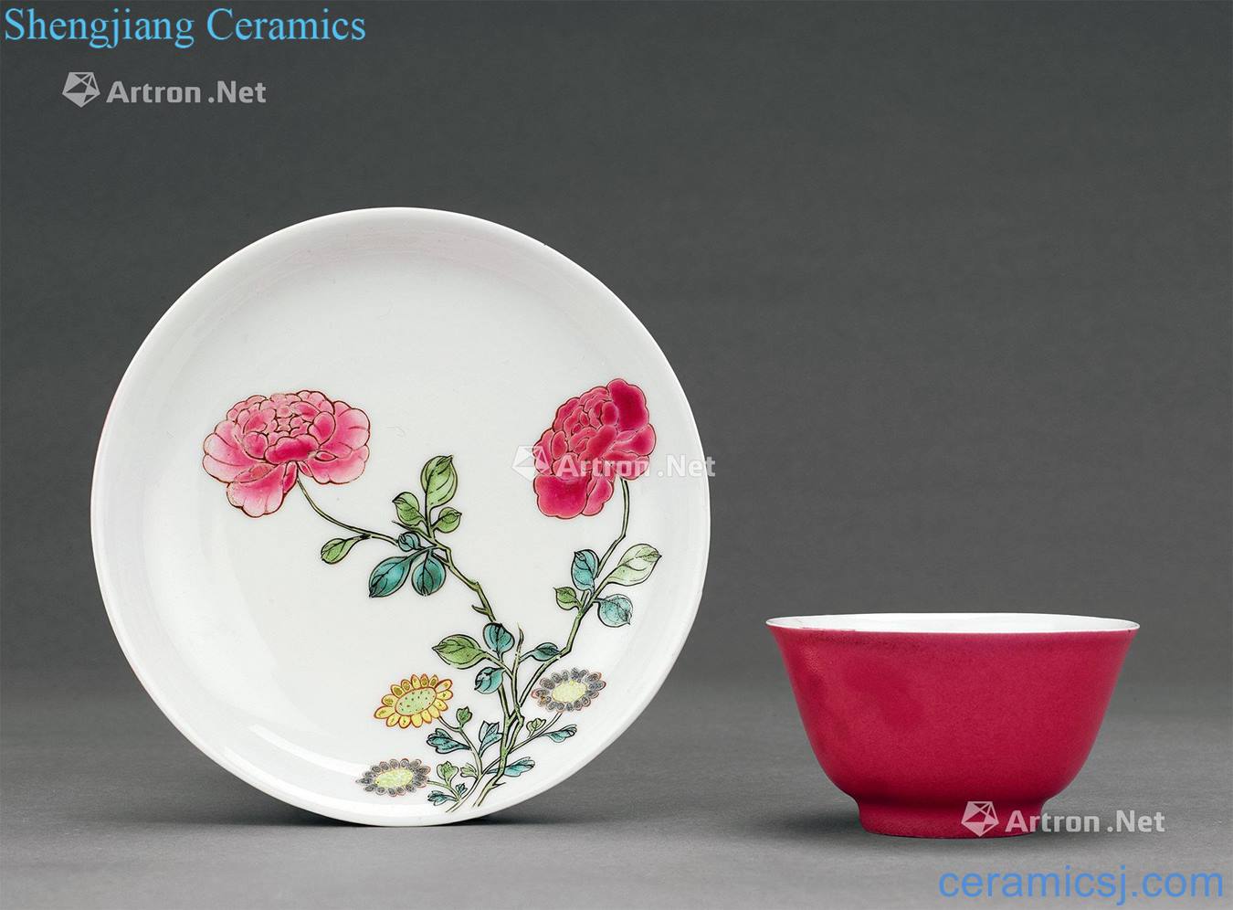 Outside the qing yongzheng carmine pastel flowers lines within the cup and dish (a)