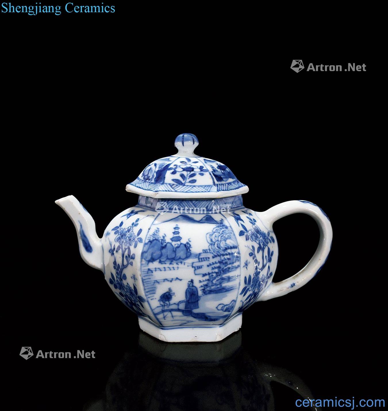 The qing emperor kangxi Blue and white pot with six arrises medallion landscape painting of flowers and grain