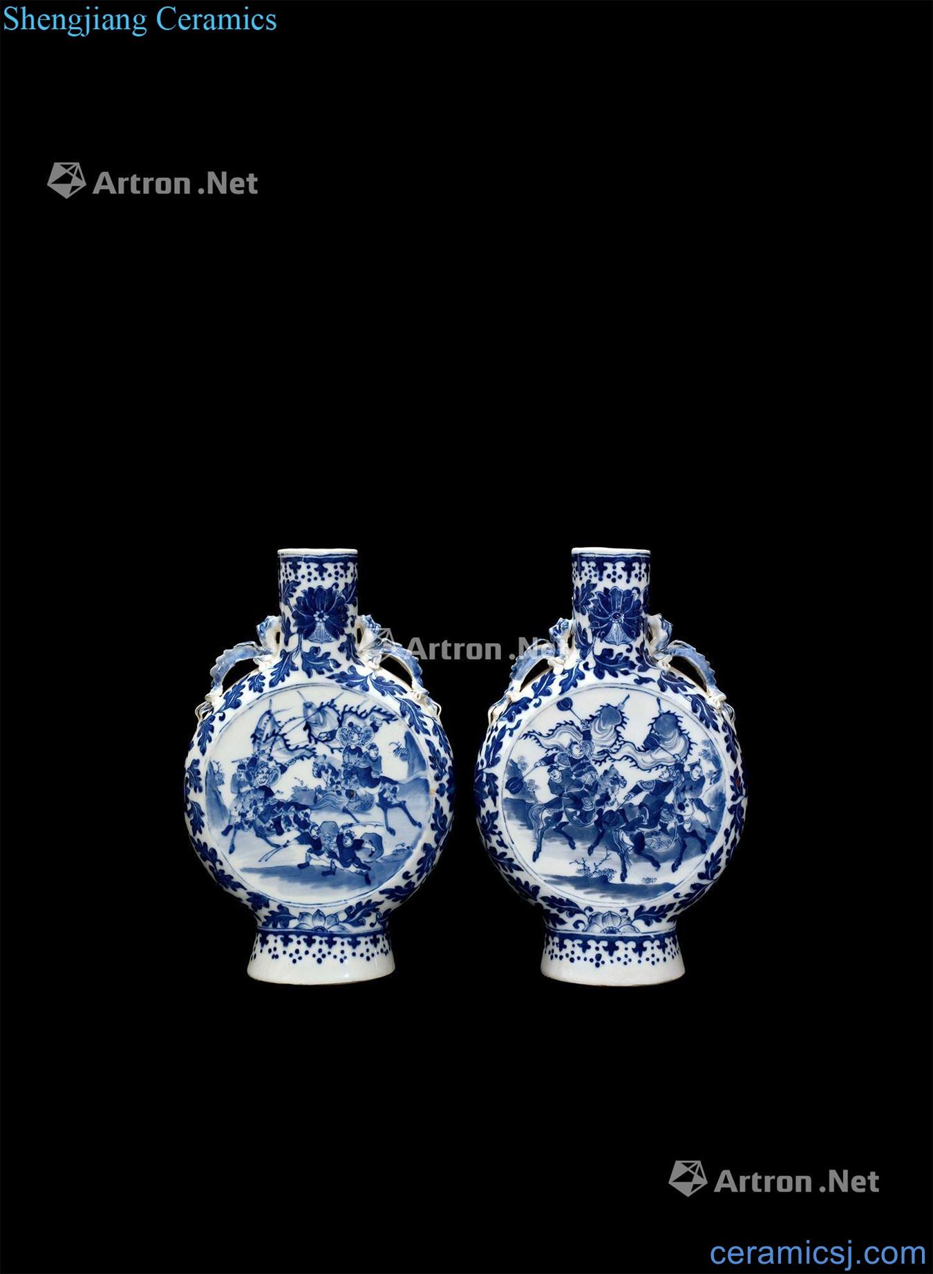 Mid qing Blue and white flowers laser scalpel horse figures on bottle (a)