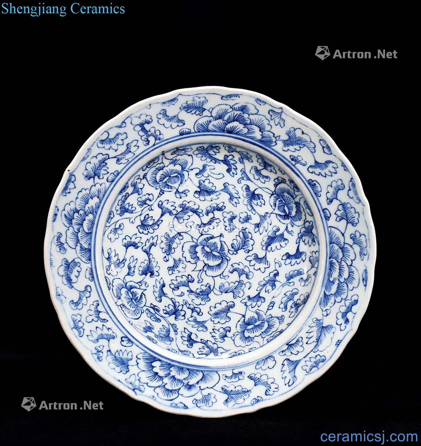 Qing dynasty blue and white peony grains kwai plate