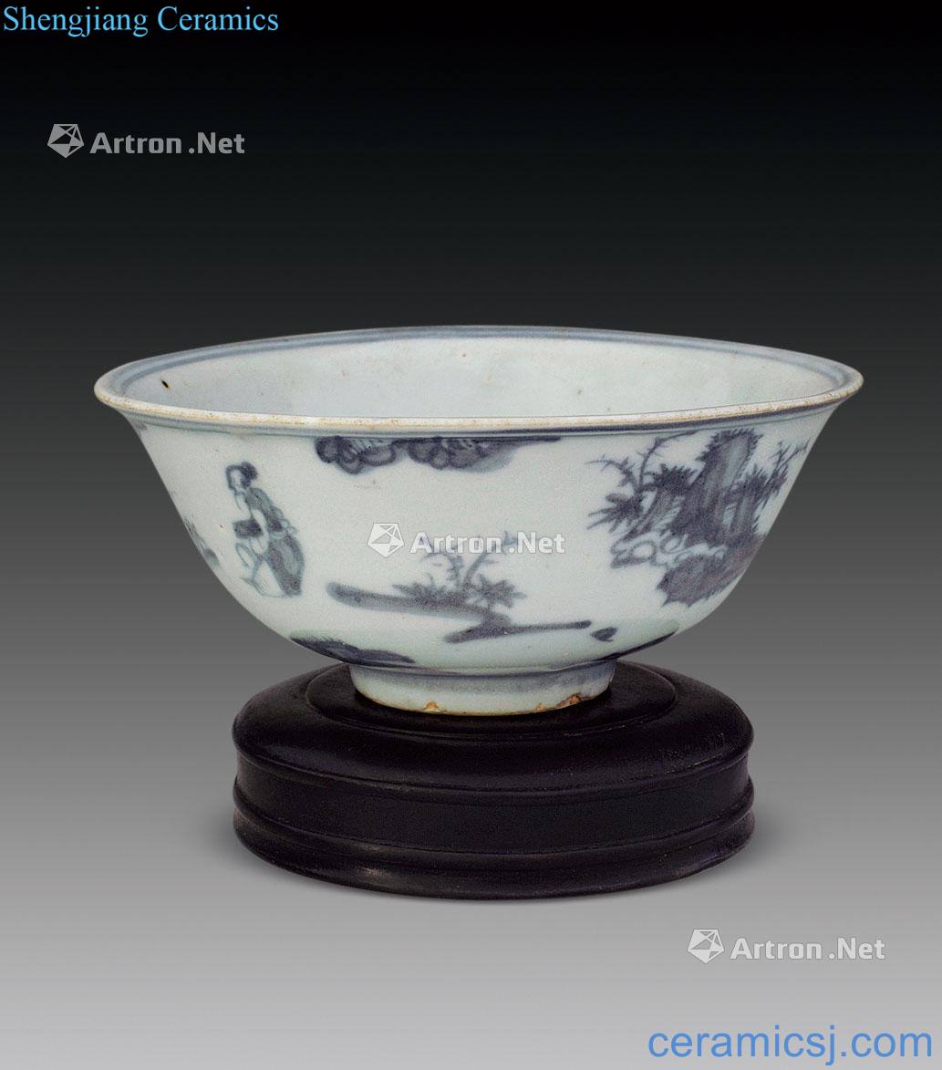 The early Ming dynasty blue and white characters with a harp and relatives green-splashed bowls