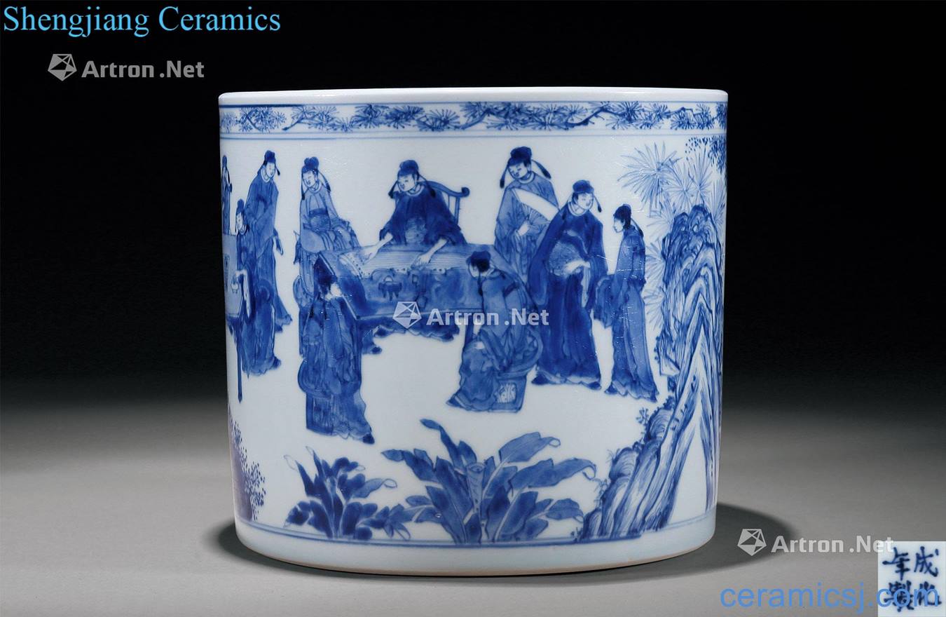 The qing emperor kangxi Blue and white 18 bachelor's figure pen container