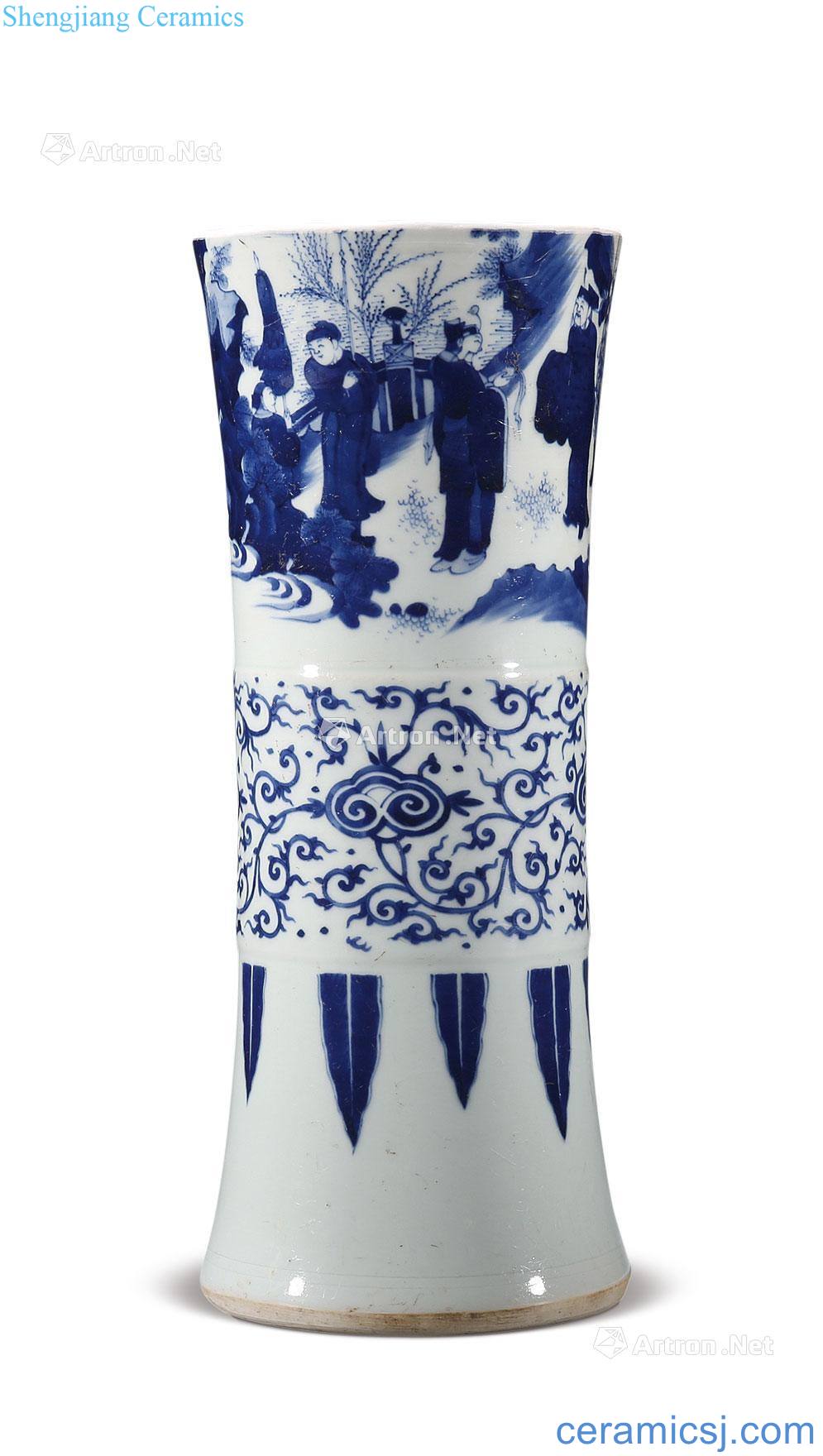 Ming chongzhen Story lines flower vase with blue and white characters