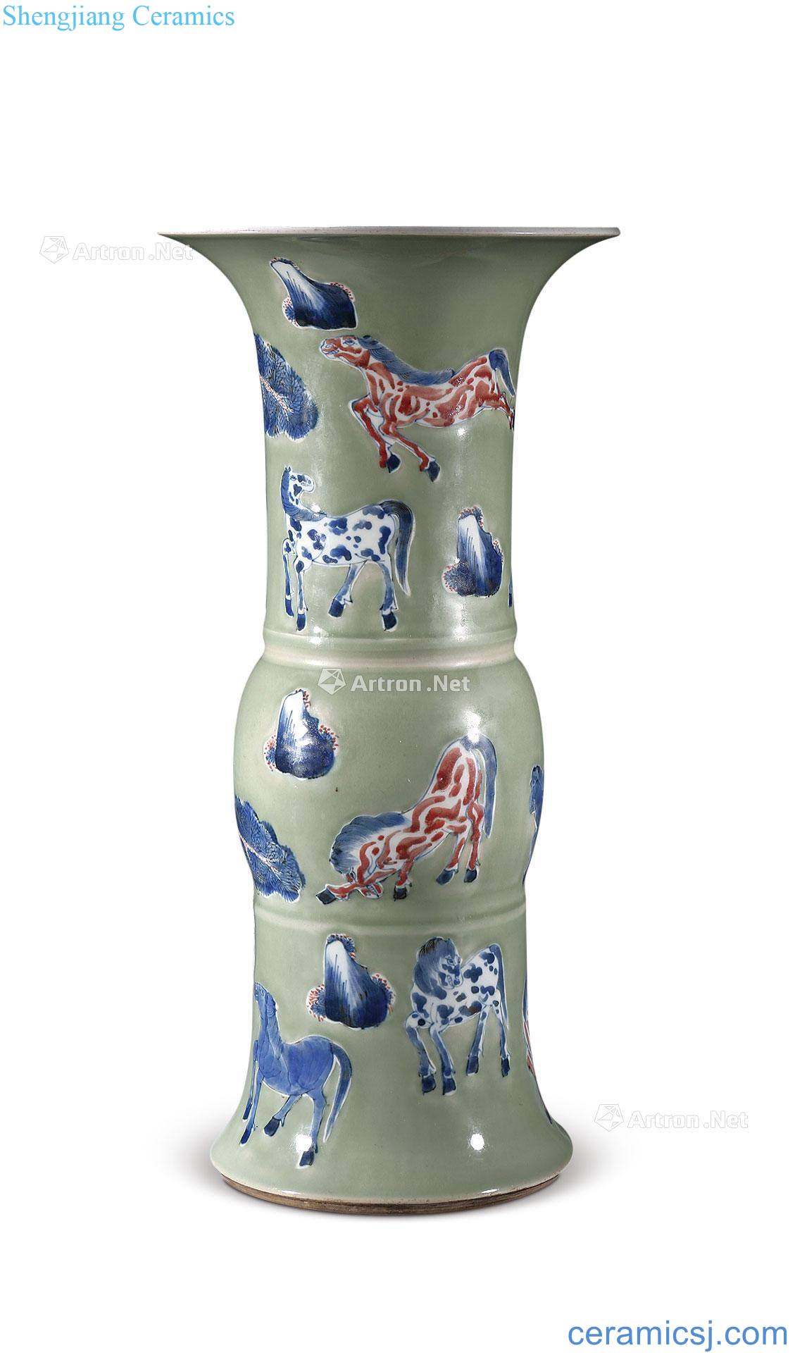 Eight jun qing pea green glaze porcelain youligong figure vase with flowers