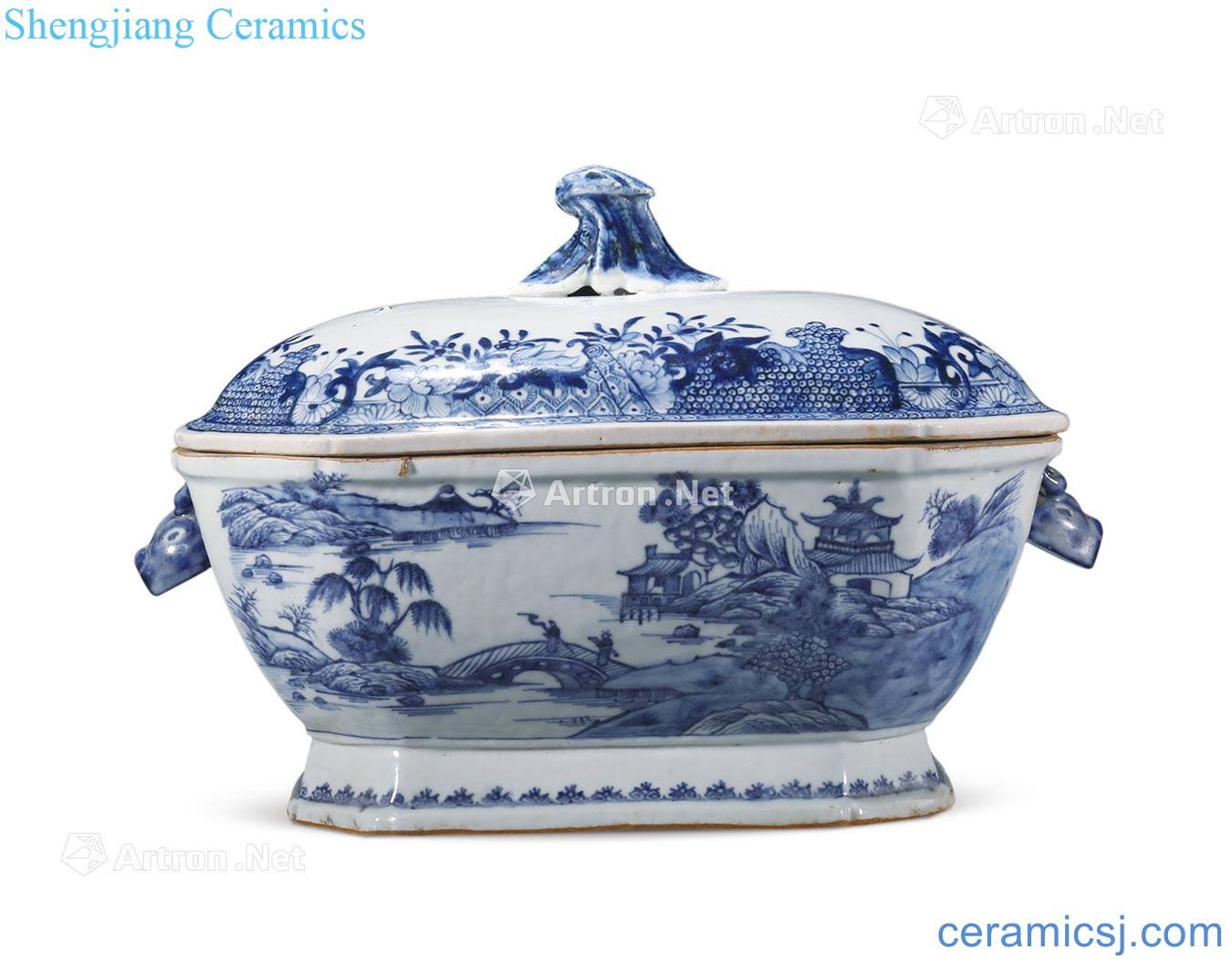 Qing qianlong Blue and white landscape lines cover basin