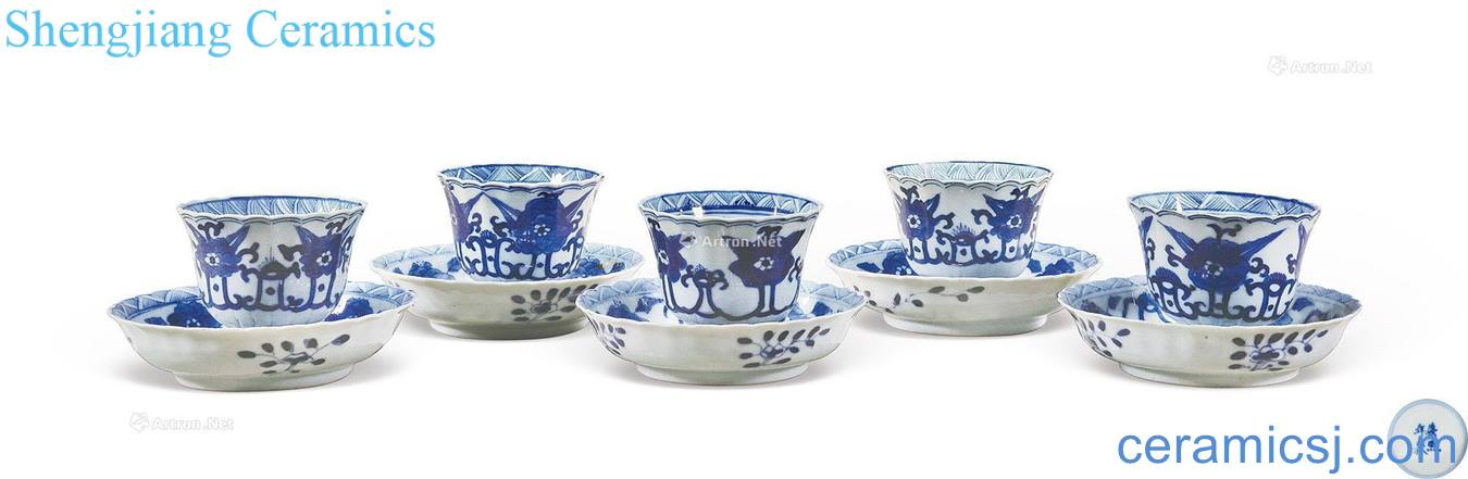 Qing guangxu Blue and white tie up branch pattern cups and saucers (five sets)
