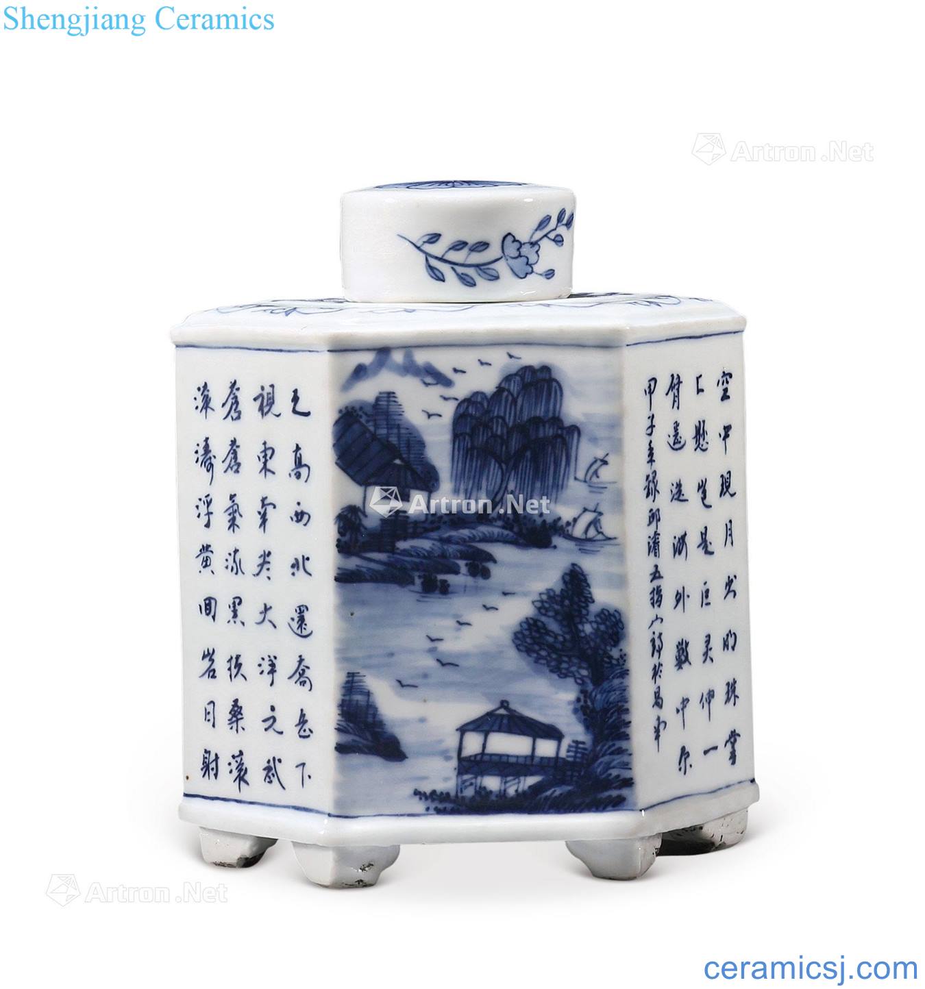 qing Blue and white landscape poetry caddy