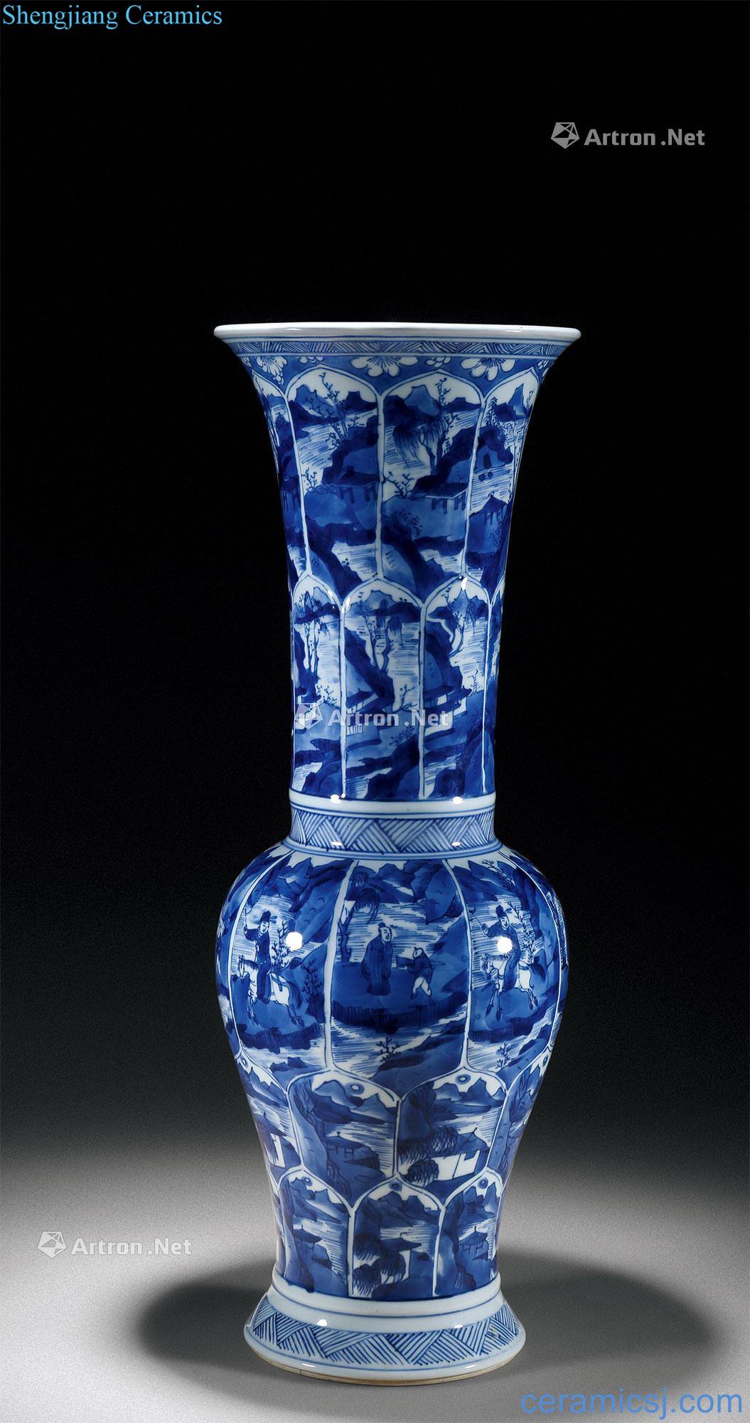The qing emperor kangxi Blue and white medallion grain flower vase with flowers